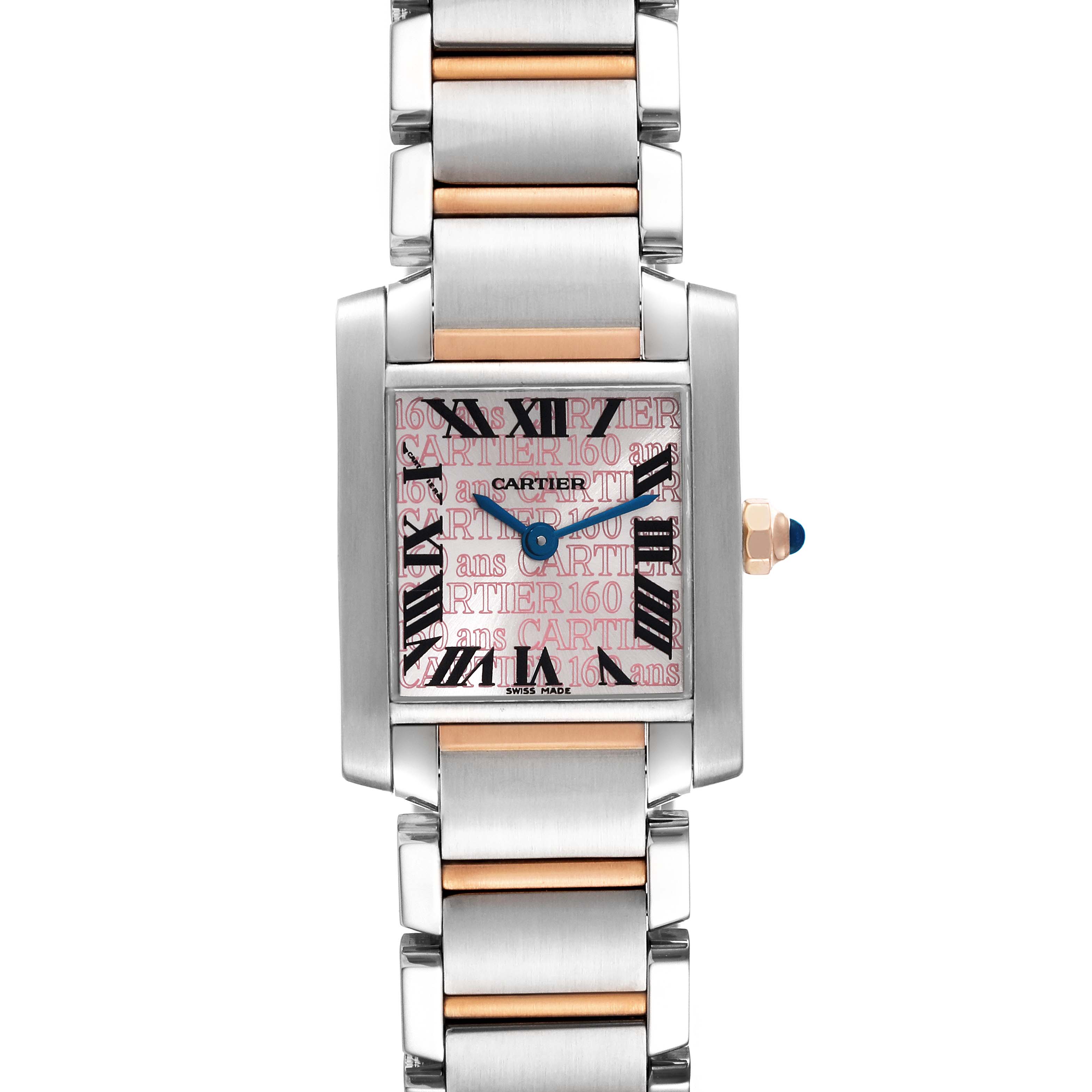 This image shows a frontal view of a Cartier Tank Française watch, highlighting its dial, bezel, and bracelet.