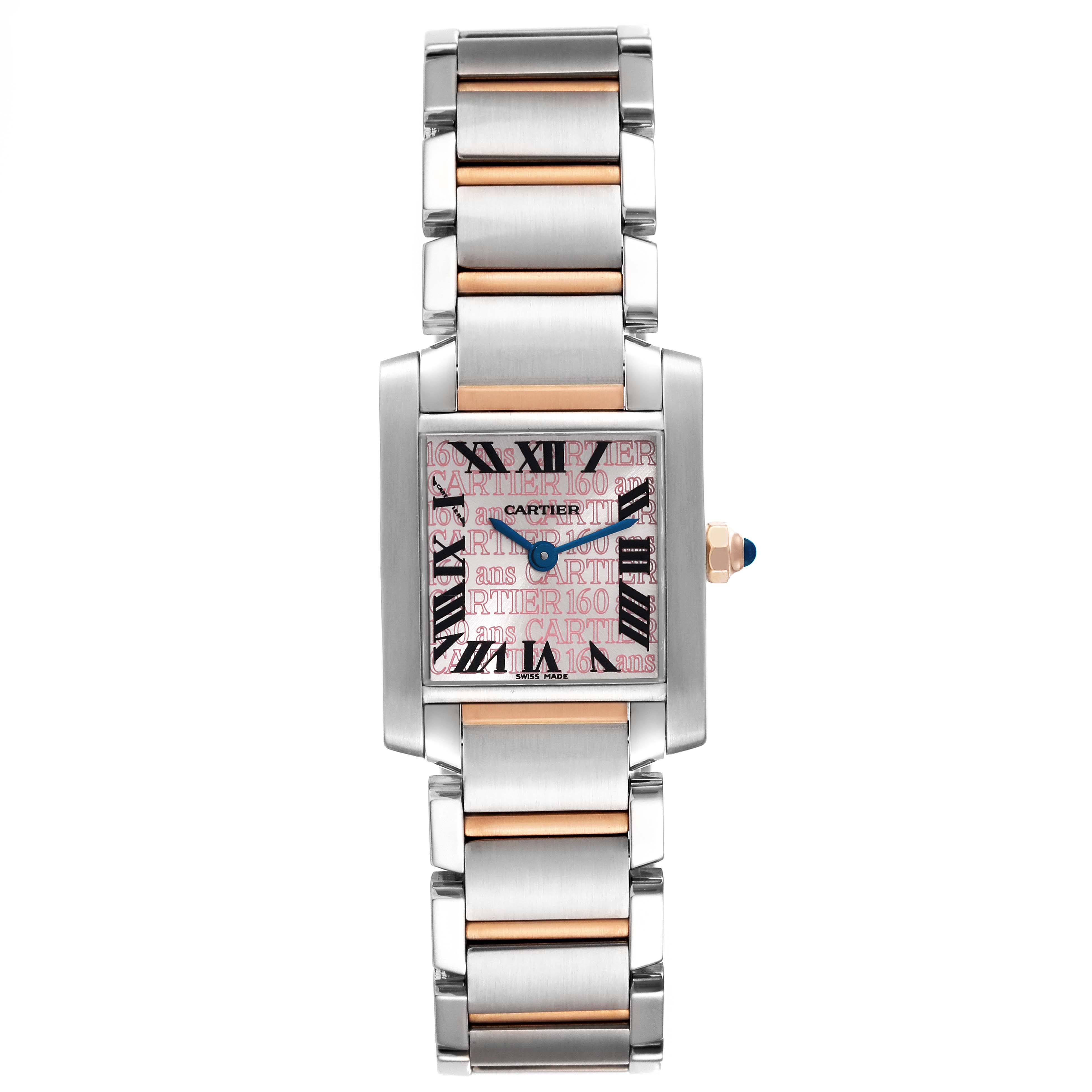 The image shows a front view of a Cartier Tank Francaise W51036Q4 Women's Steel and Gold (two tone) Silver Dial W51036Q4 Women's Steel and Gold (two tone) Silver Dial watch, highlighting its rectangular face and two-tone metal bracelet.