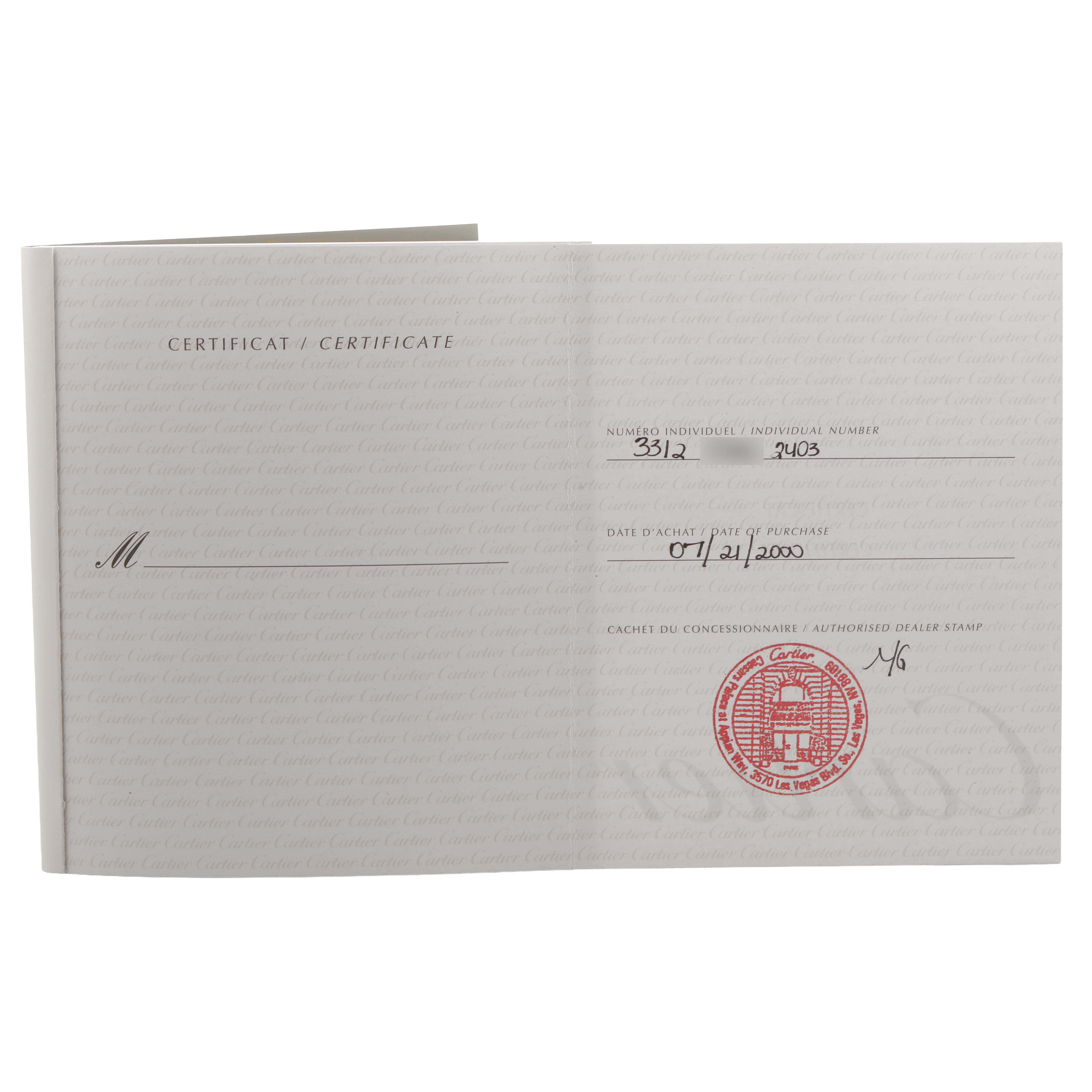 The image shows a certificate for the Cartier Tank Francaise WE1019S3 Women's White Gold Blue Dial watch, featuring purchase details and an authorized dealer stamp.