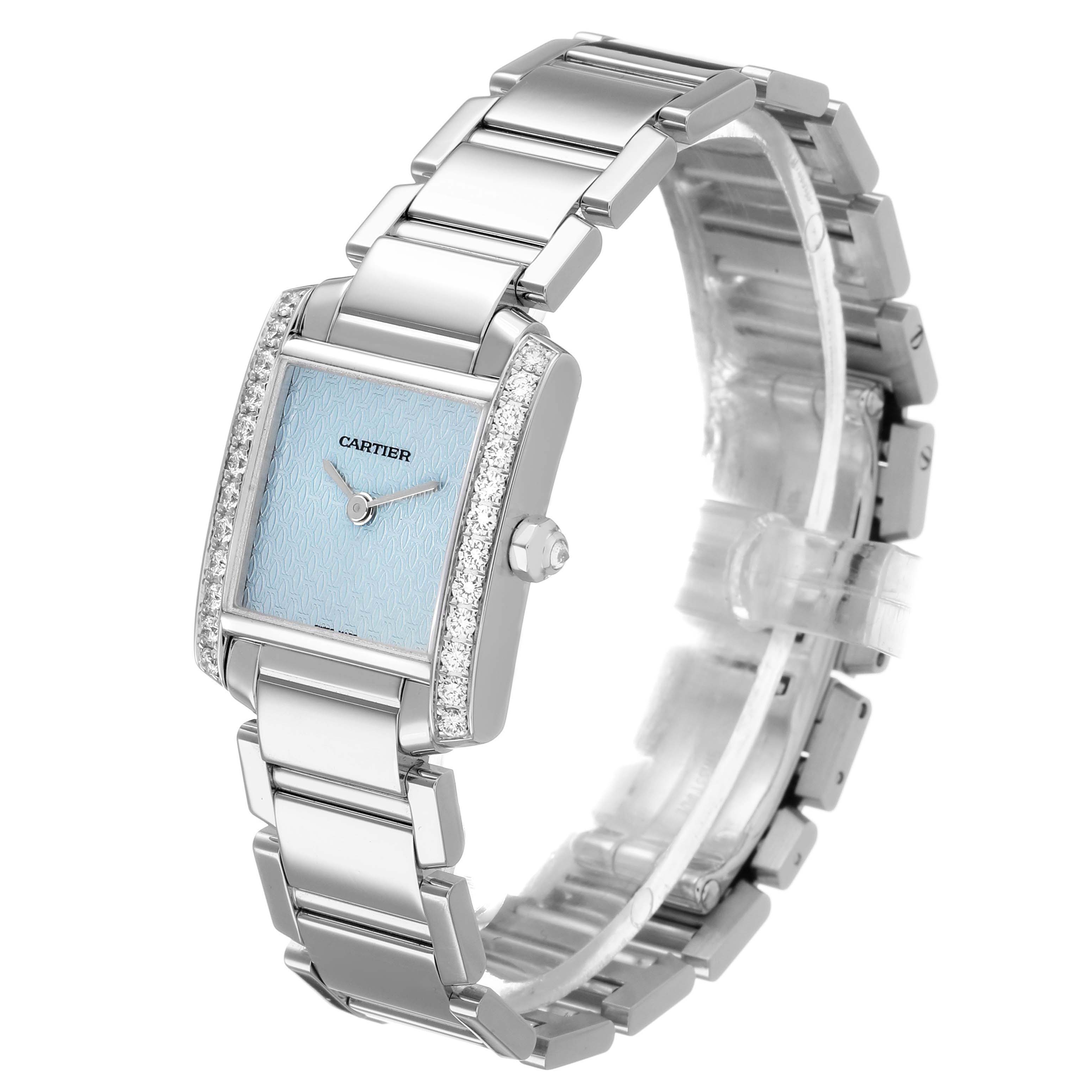 The Tank Francaise by Cartier is shown at a front-side angle, highlighting the face, bracelet, and diamond accents.