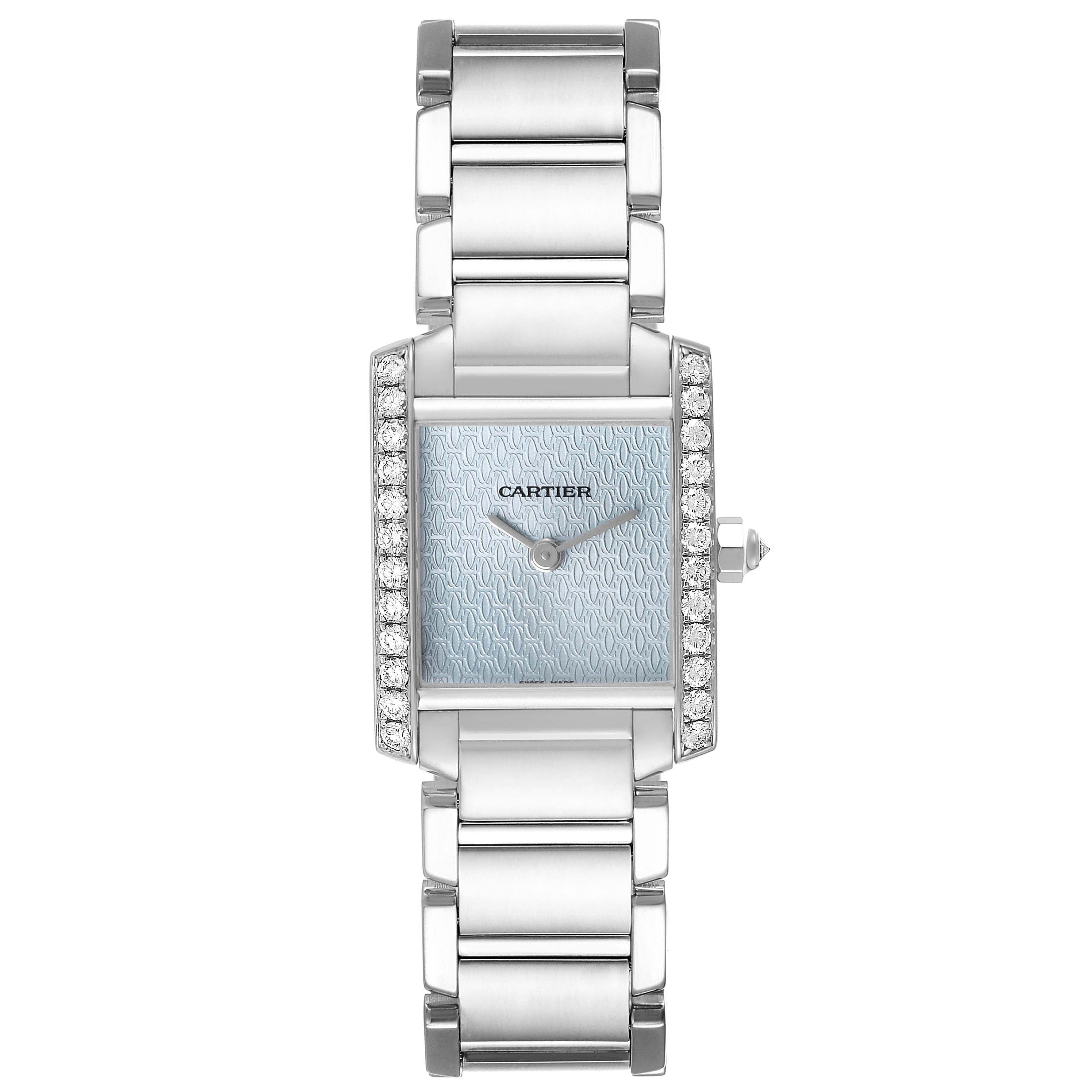 The Cartier Tank Française watch is shown from a front angle, highlighting its face, bracelet, and side crown.