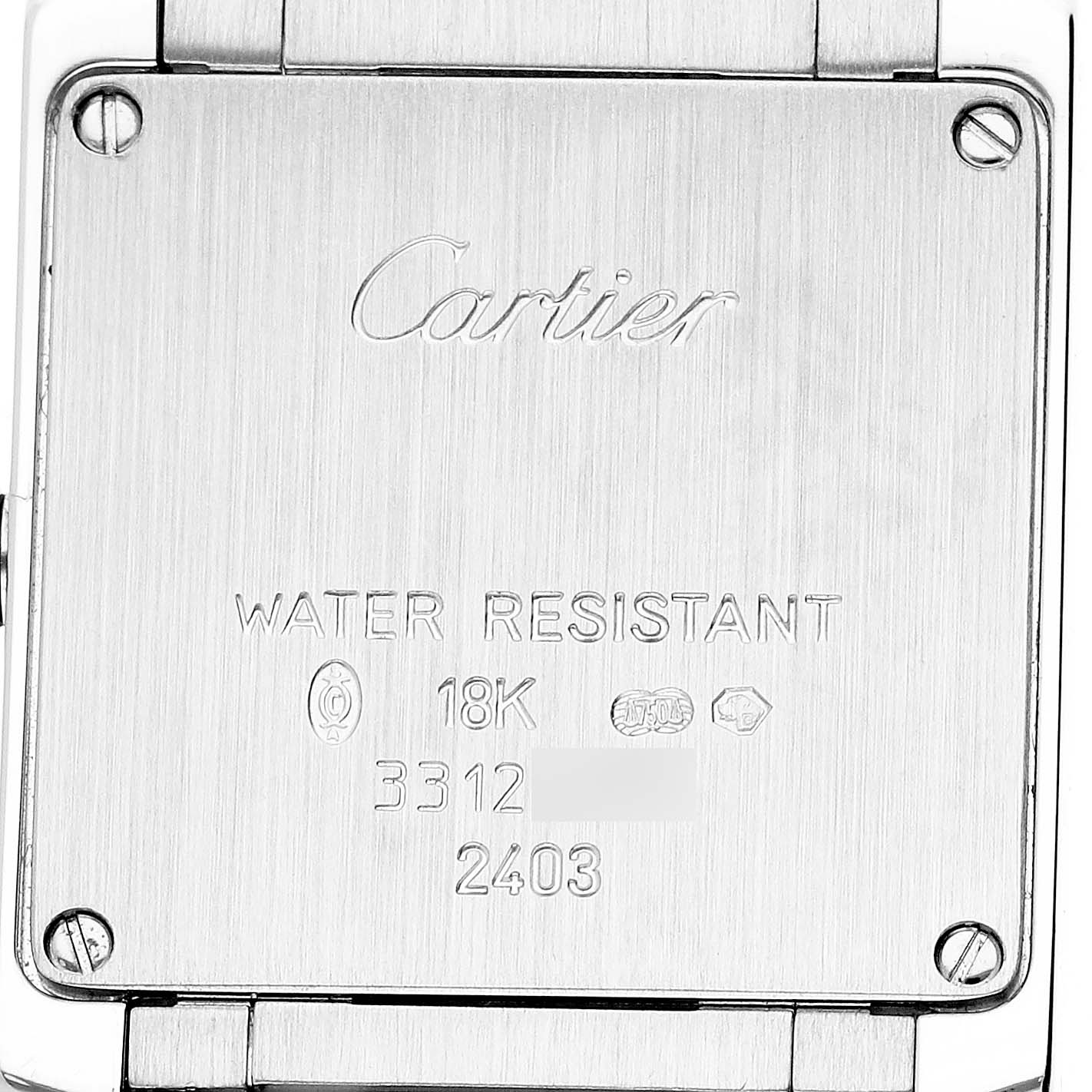 The image shows the back of a Cartier Tank Francaise WE1019S3 Women's White Gold Blue Dial watch, highlighting its inscriptions and screws.