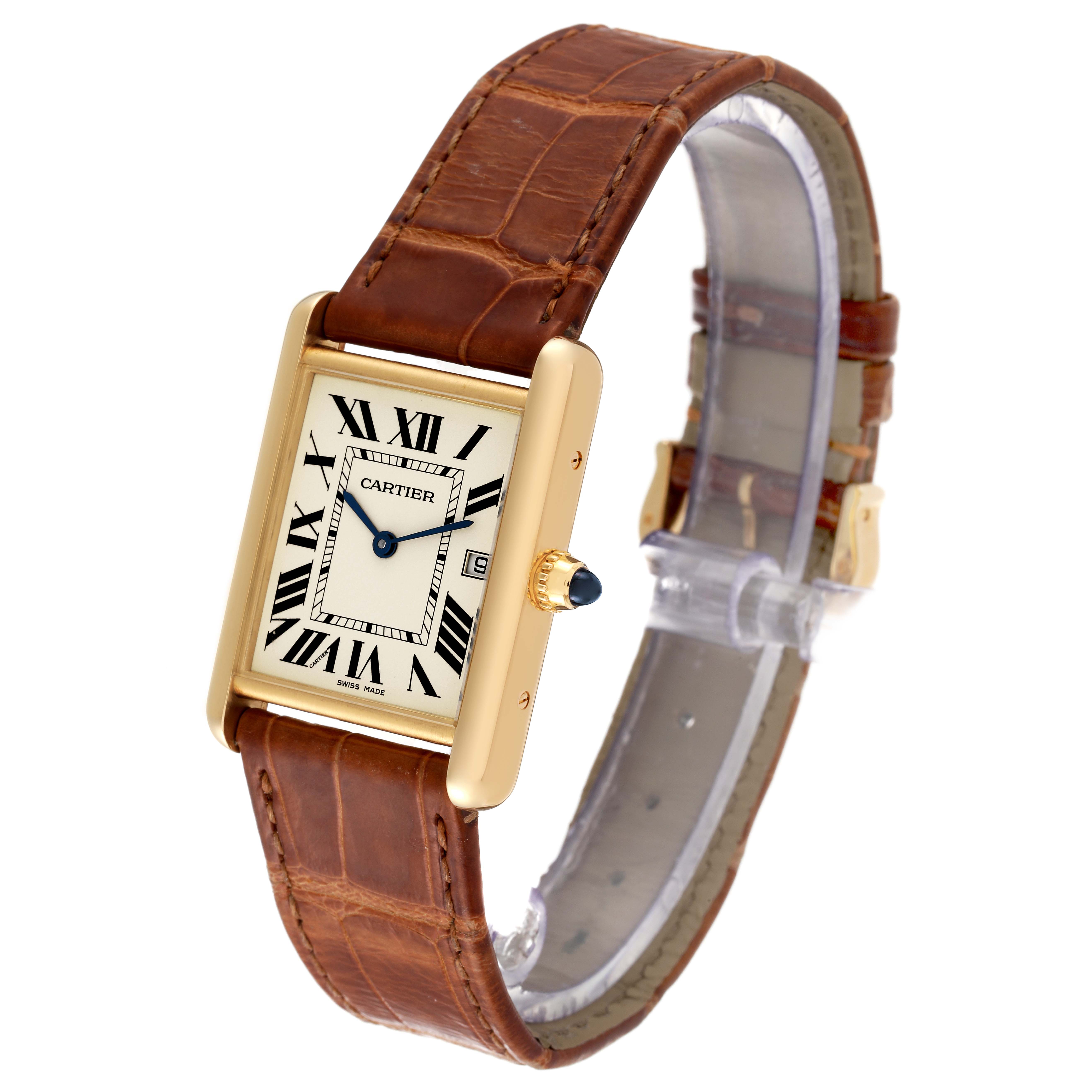 The Cartier Tank Louis W1529756 Men
s Yellow Gold Silver Dial W1529756 Men
s Yellow Gold Silver Dial model watch is shown at a slight angle, showcasing its rectangular face, leather strap, and distinctive crown.