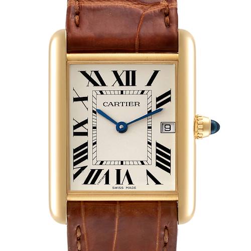 Photo of Cartier Tank Louis 18K Yellow Gold Brown Strap Mens Watch W1529756 Papers