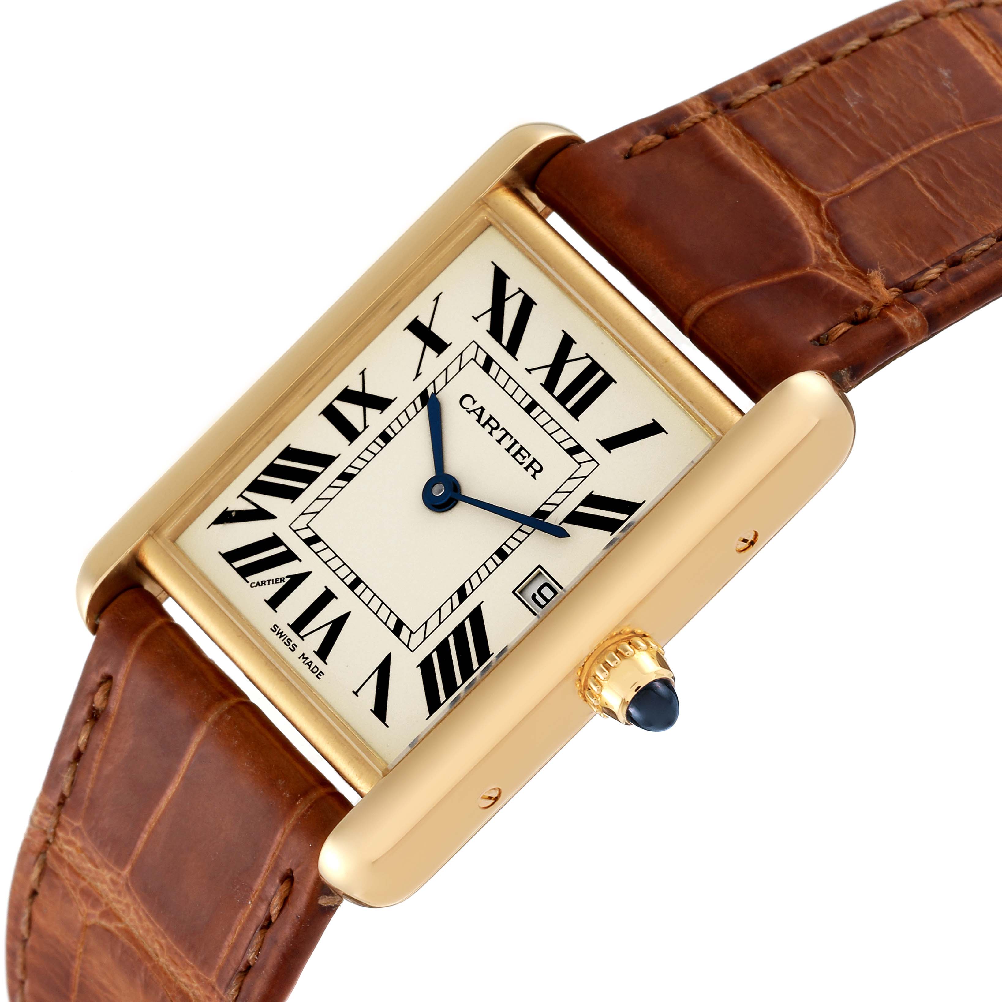 The image shows a close-up angled view of the Cartier Tank Louis W1529756 Men
s Yellow Gold Silver Dial W1529756 Men
s Yellow Gold Silver Dial watch face including the bezel, dial, crown, and leather strap.
