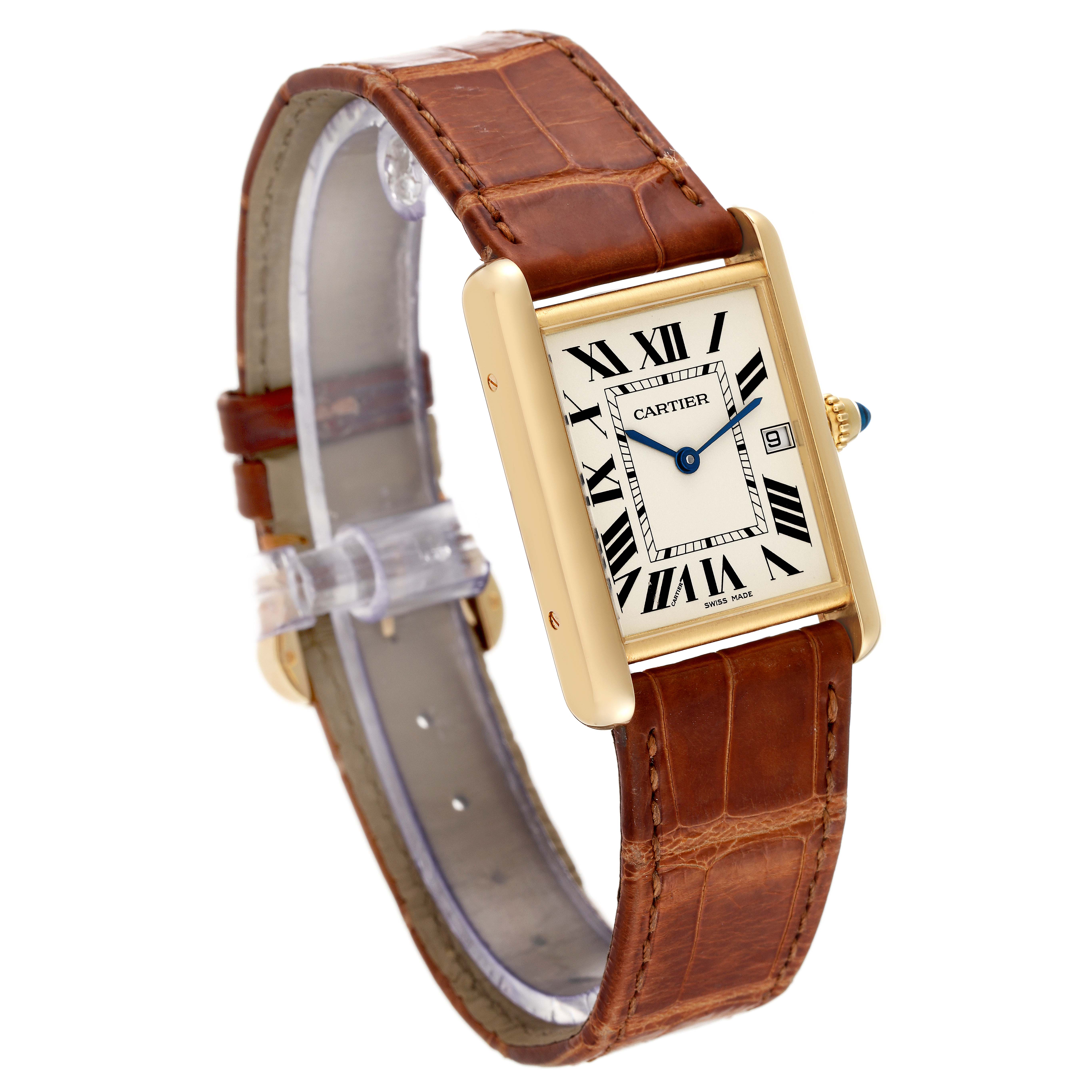 The image shows a side angle view of a Cartier Tank Louis W1529756 Men
s Yellow Gold Silver Dial W1529756 Men
s Yellow Gold Silver Dial watch, highlighting its brown leather strap and rectangular gold case.