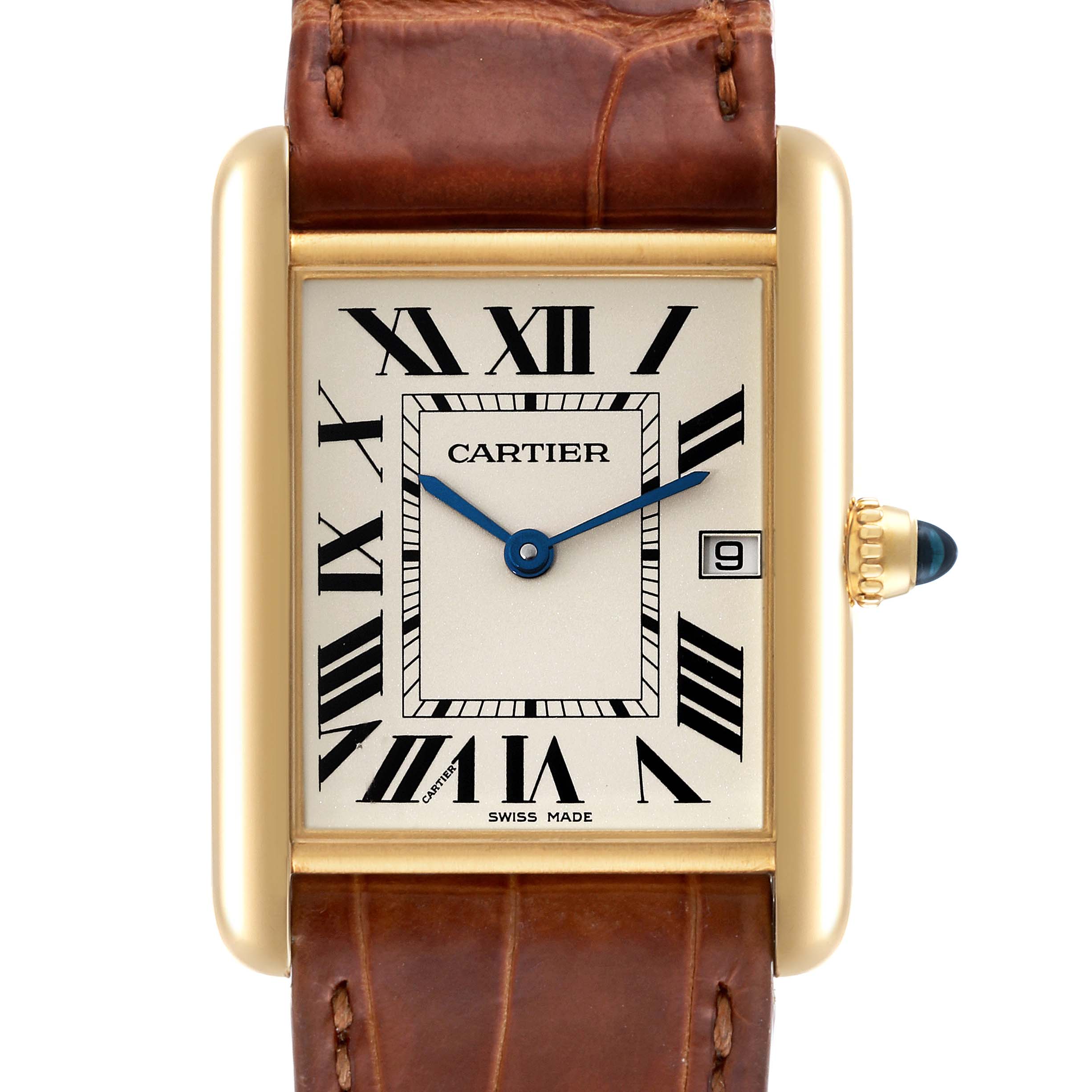 The image shows a front view of the Cartier Tank Louis W1529756 Men
s Yellow Gold Silver Dial W1529756 Men
s Yellow Gold Silver Dial watch, highlighting its rectangular face with Roman numerals and leather strap.