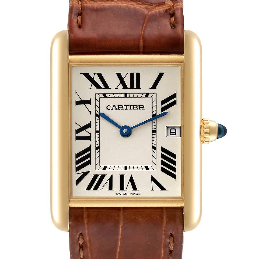 Cartier Tank Louis 18K Yellow Gold Brown Strap Mens Watch W1529756 Papers SwissWatchExpo