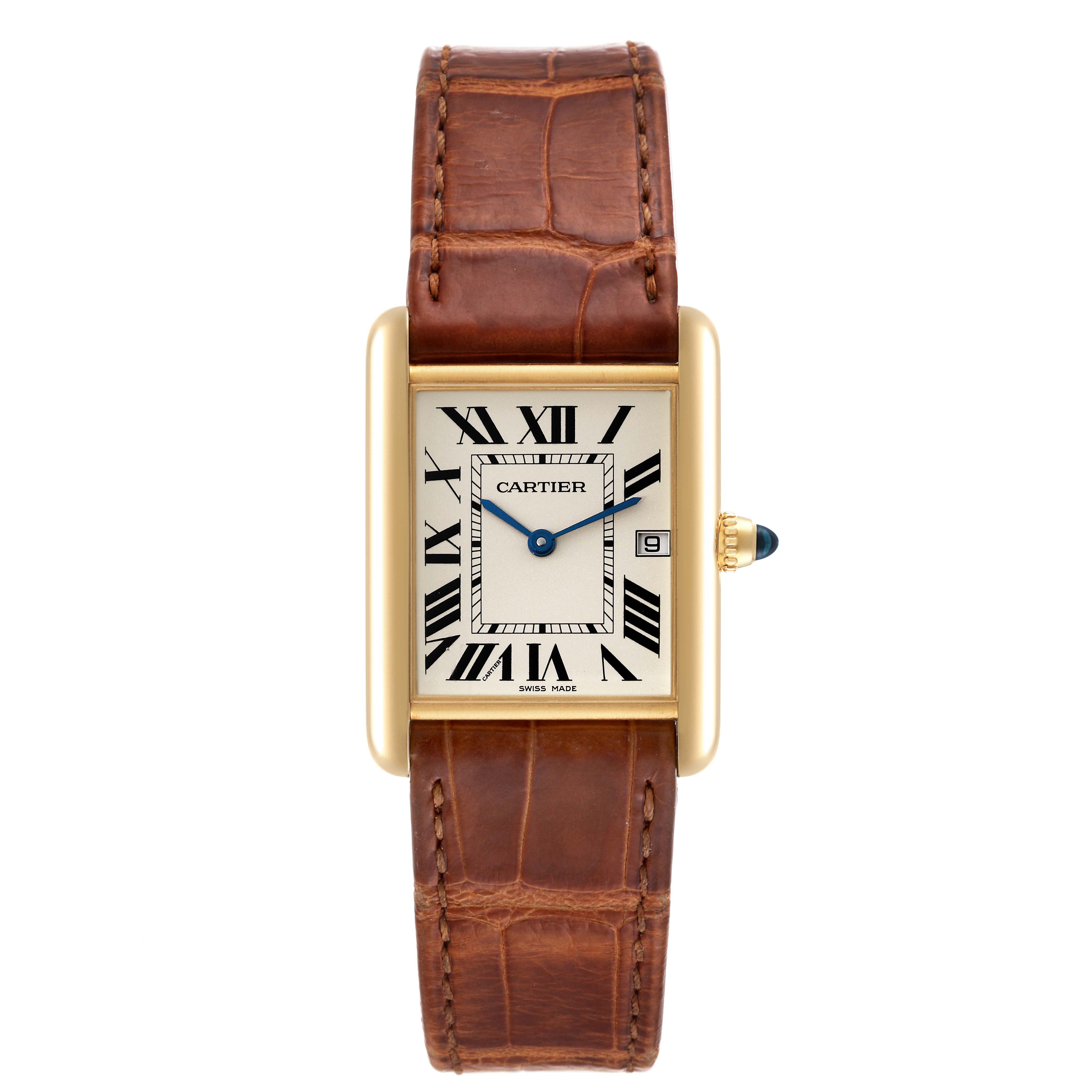 The image shows a front view of the Cartier Tank Louis W1529756 Men
s Yellow Gold Silver Dial W1529756 Men
s Yellow Gold Silver Dial watch, featuring a gold case, Roman numeral dial, and brown leather strap.