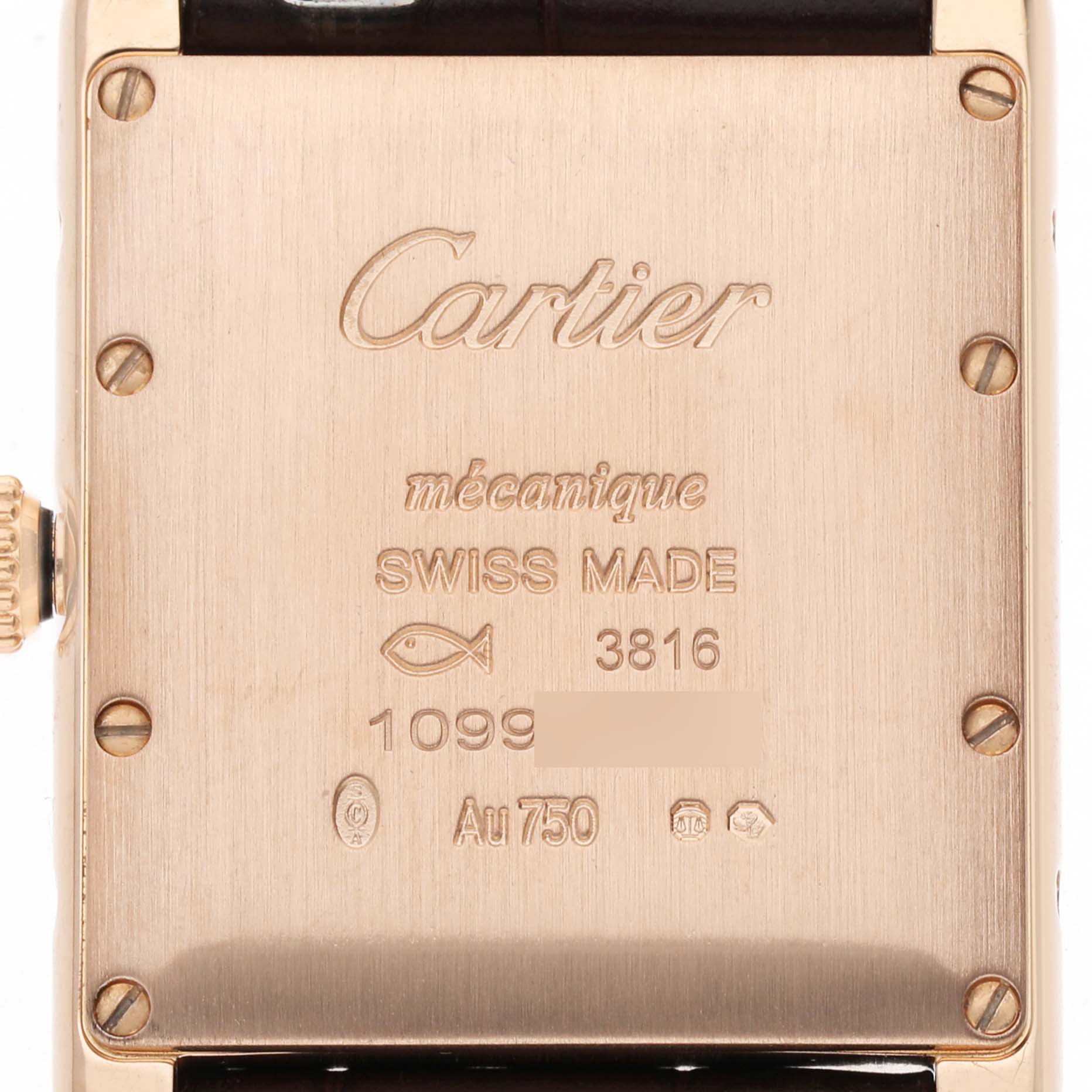 The image shows the back of a Cartier Tank Louis WGTA0011 Men's Rose Gold Silver Dial watch, featuring engravings and the crown on the side.