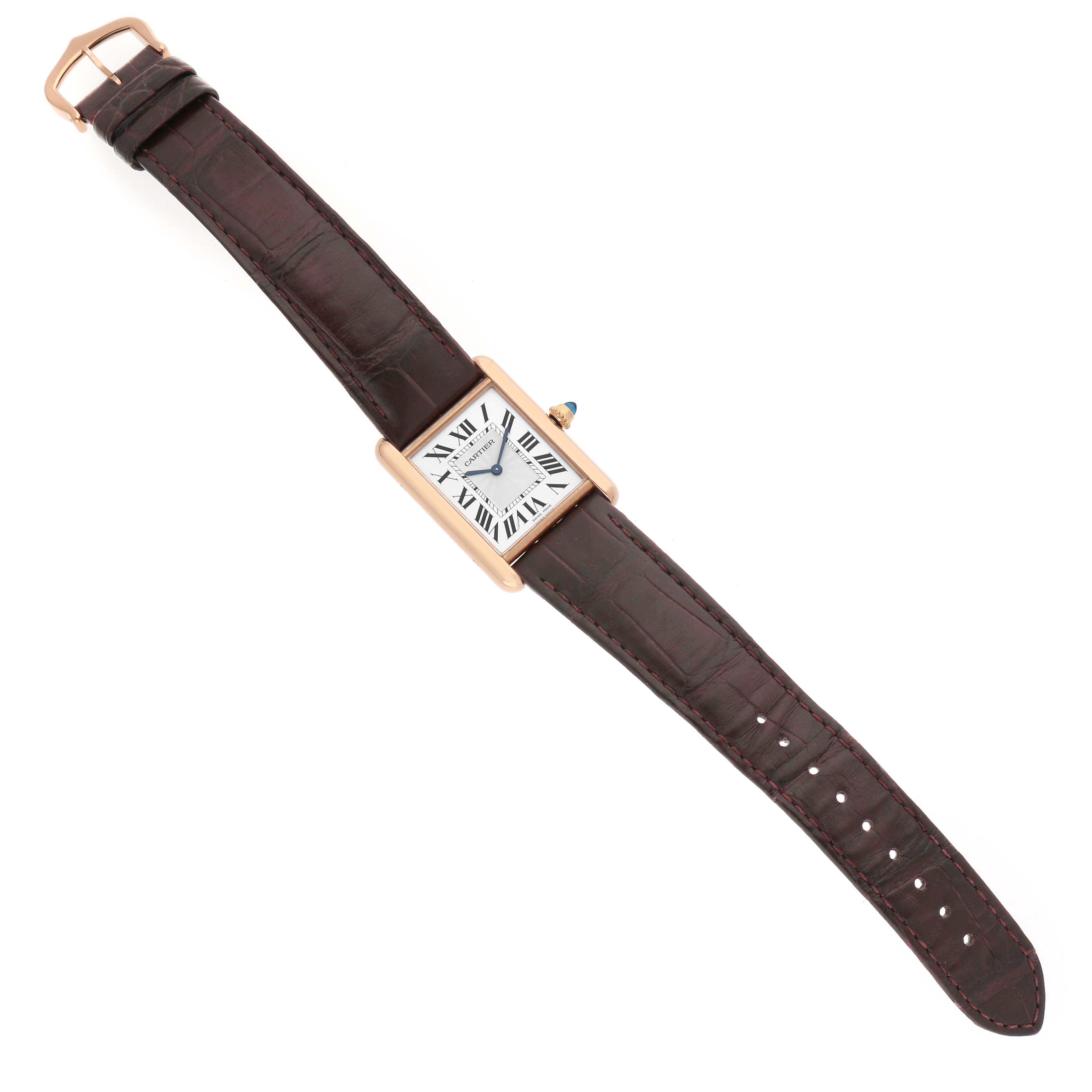 The Cartier Tank Louis WGTA0011 Men's Rose Gold Silver Dial watch is shown from a top-down angle, revealing its face, case, crown, and full strap.