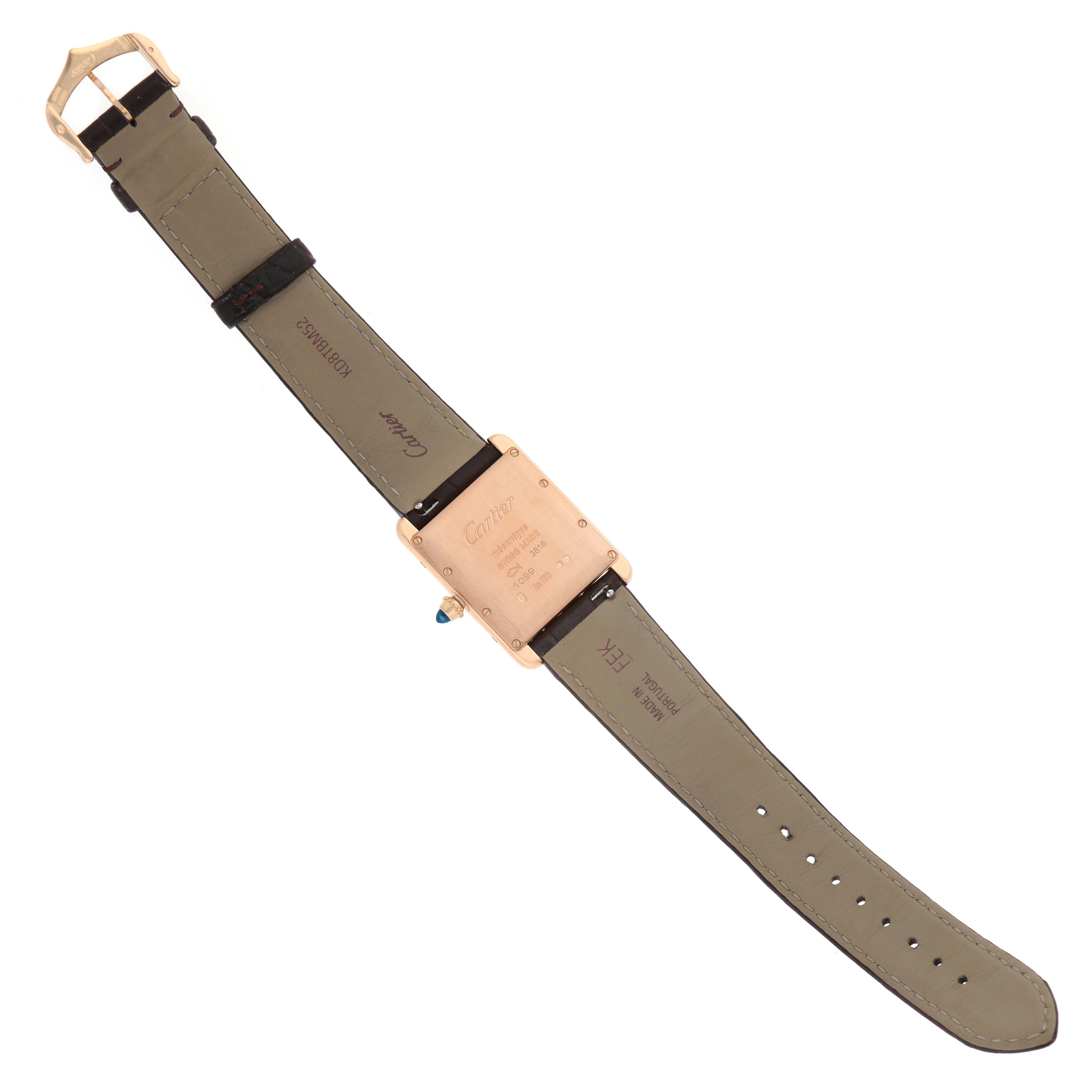 The image shows the back view of a Cartier Tank Louis WGTA0011 Men's Rose Gold Silver Dial watch, highlighting the case back, strap, and buckle.