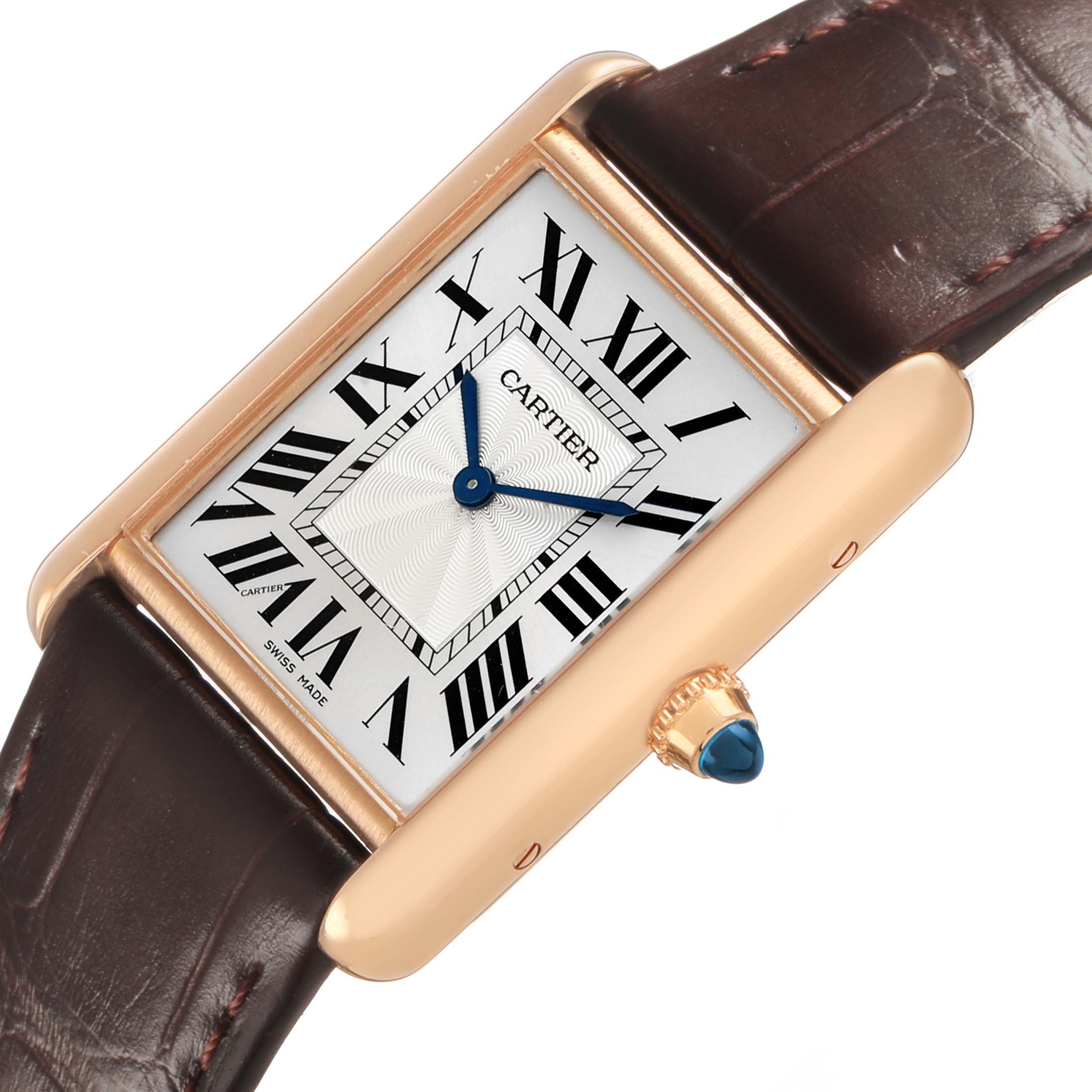 The Cartier Tank Louis WGTA0011 Men's Rose Gold Silver Dial watch is shown at an angled view, highlighting its rectangular face and crown with a blue cabochon.