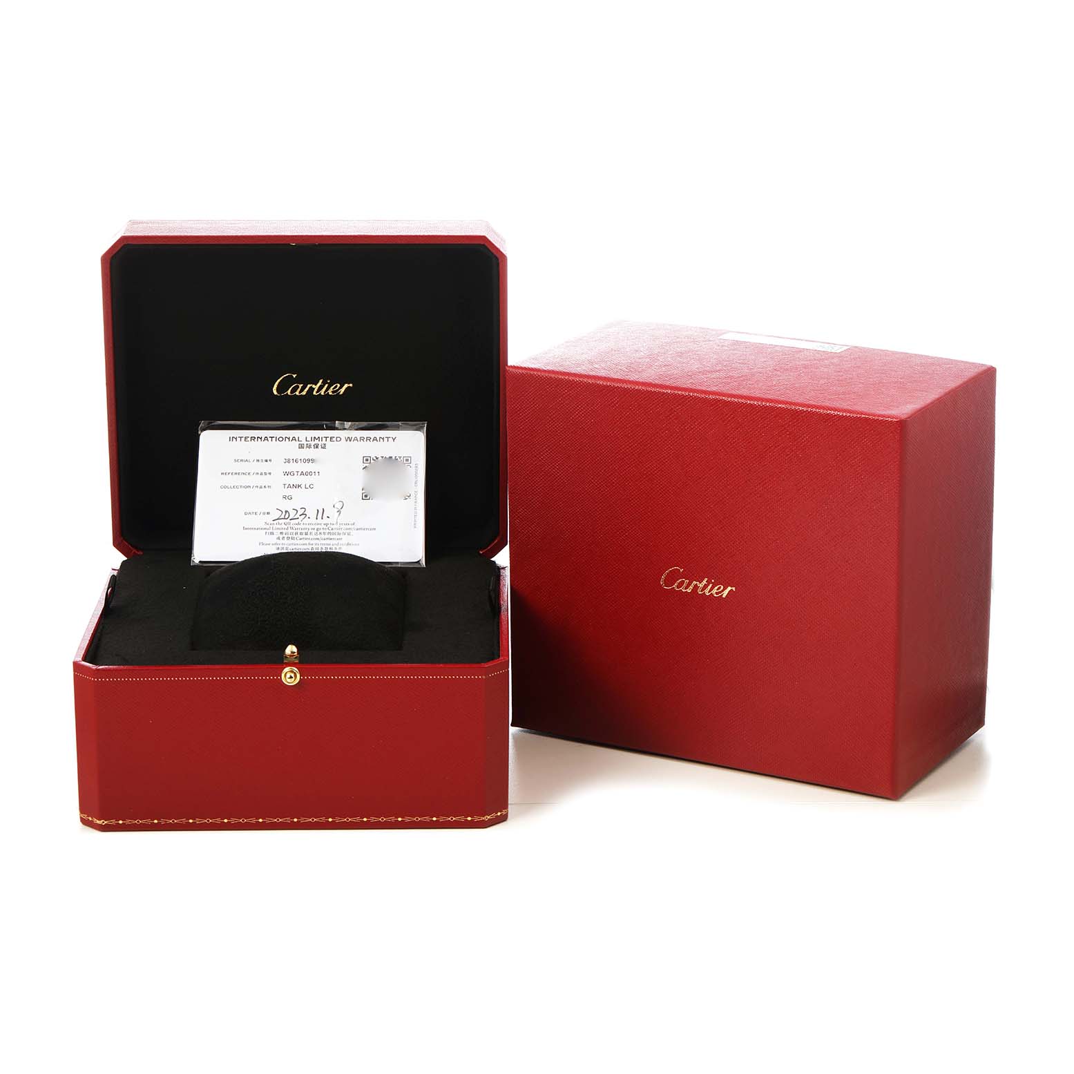 The Cartier Tank Louis WGTA0011 Men's Rose Gold Silver Dial model is shown with its open red box, warranty card, and outer packaging.