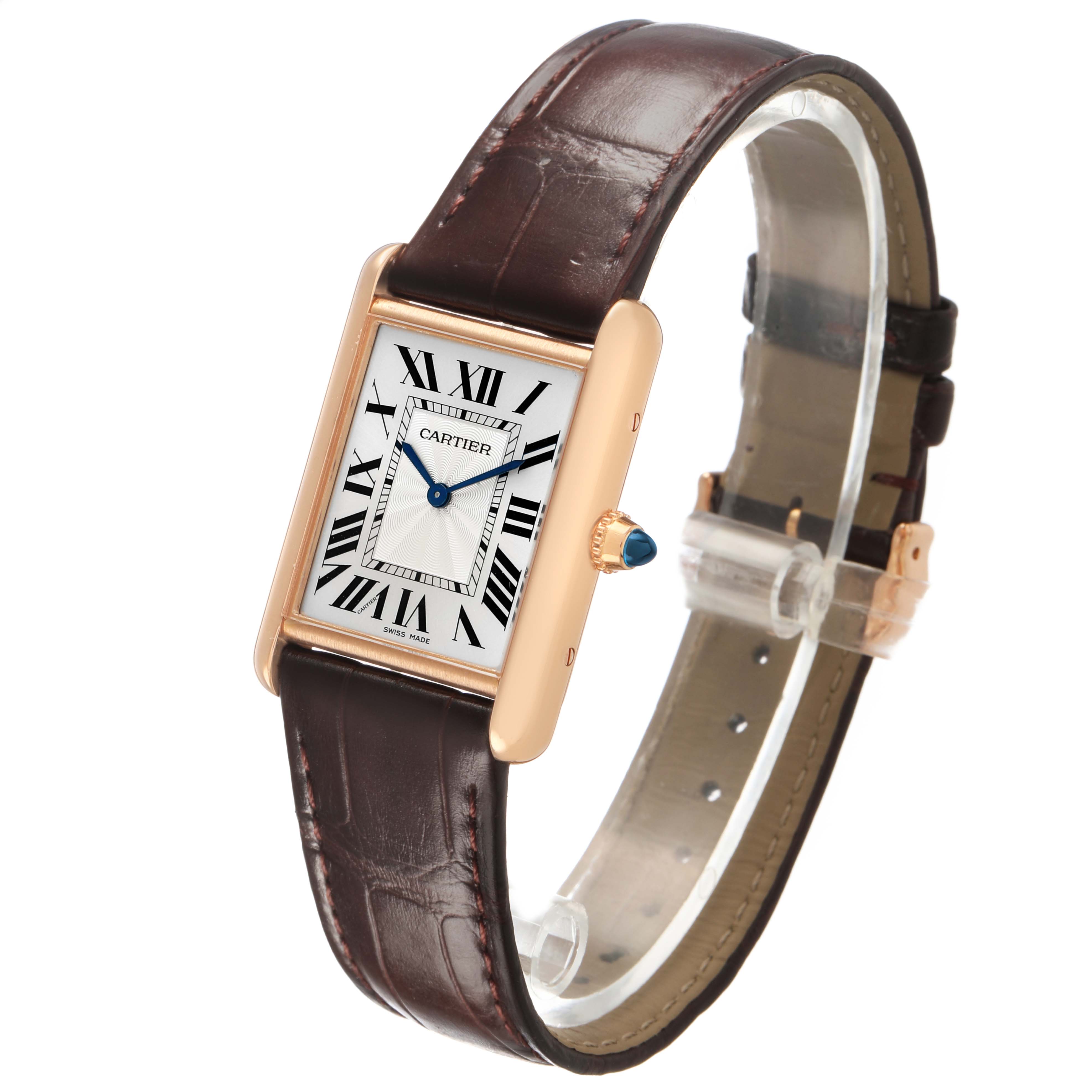 The Cartier Tank Louis WGTA0011 Men's Rose Gold Silver Dial watch is displayed from a three-quarter angle showing its face, strap, crown, and side profile.