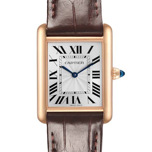 The Cartier Tank Louis WGTA0011 Men's Rose Gold Silver Dial watch is shown from a frontal angle, displaying its rectangular dial, Roman numerals, blue hands, and leather strap.