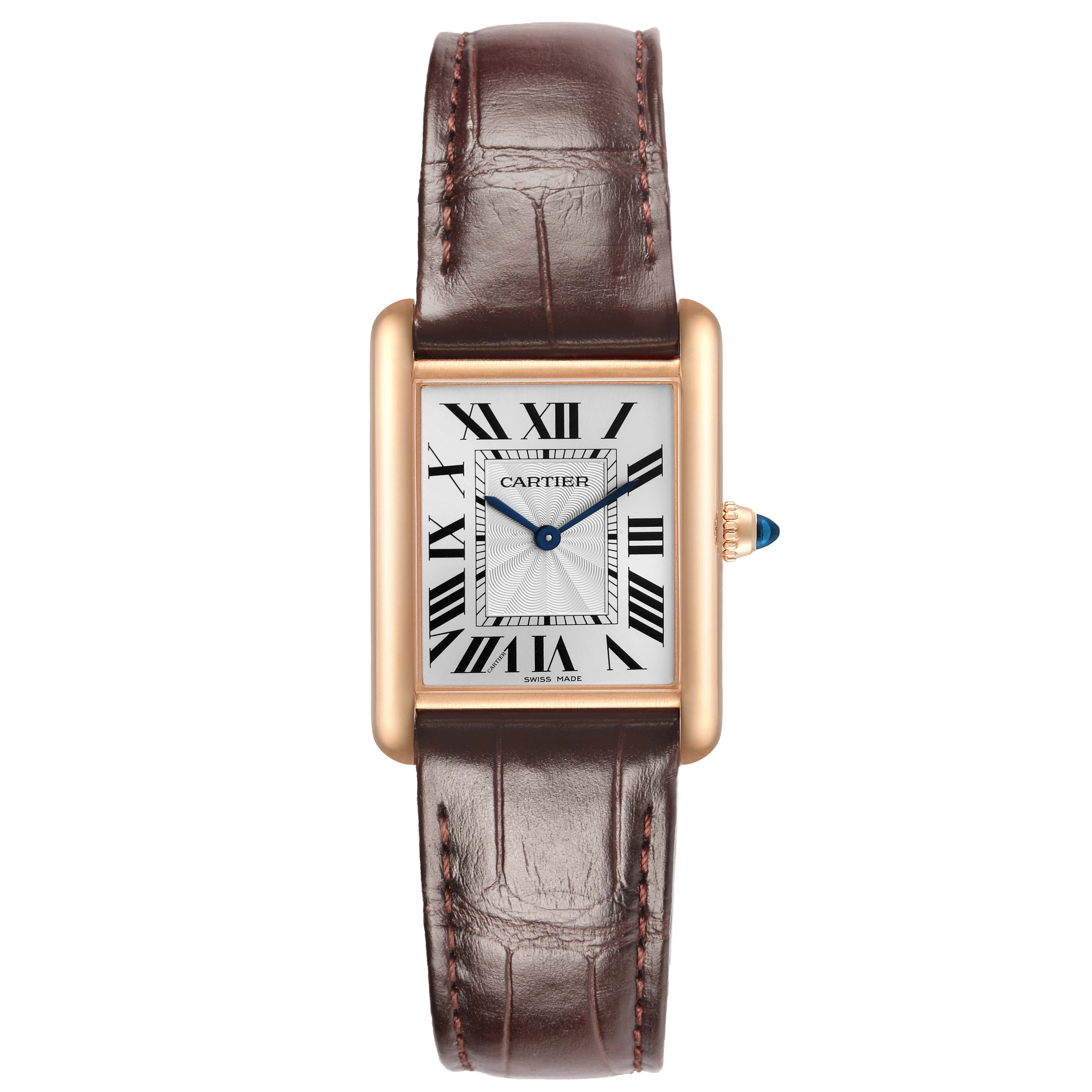 The Cartier Tank Louis WGTA0011 Men's Rose Gold Silver Dial watch is shown from the front, displaying its rectangular face, gold case, Roman numerals, and brown leather strap.
