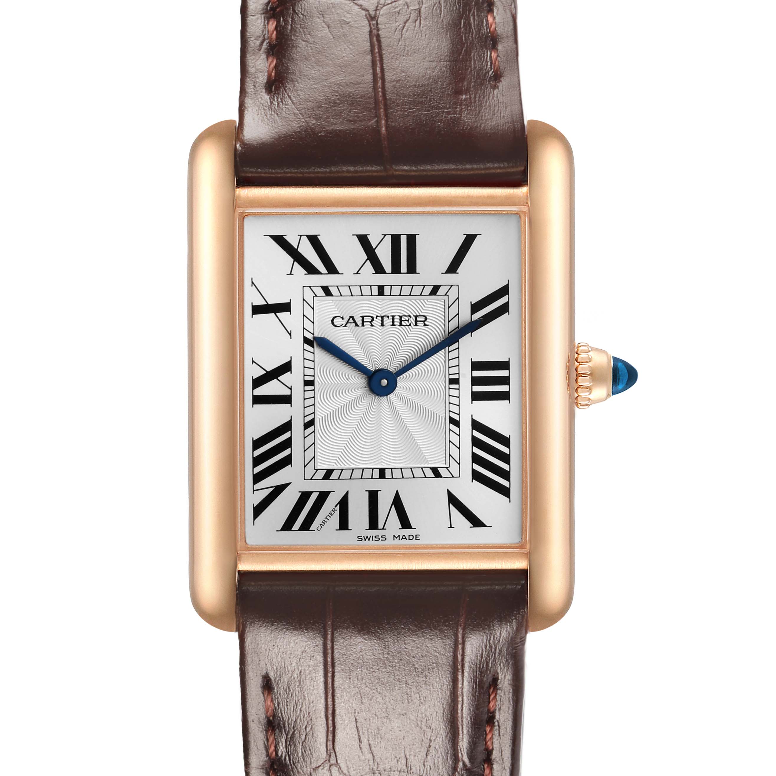 The Cartier Tank Louis WGTA0011 Men's Rose Gold Silver Dial watch is shown from a front angle, displaying its rectangular face, Roman numerals, and leather strap.