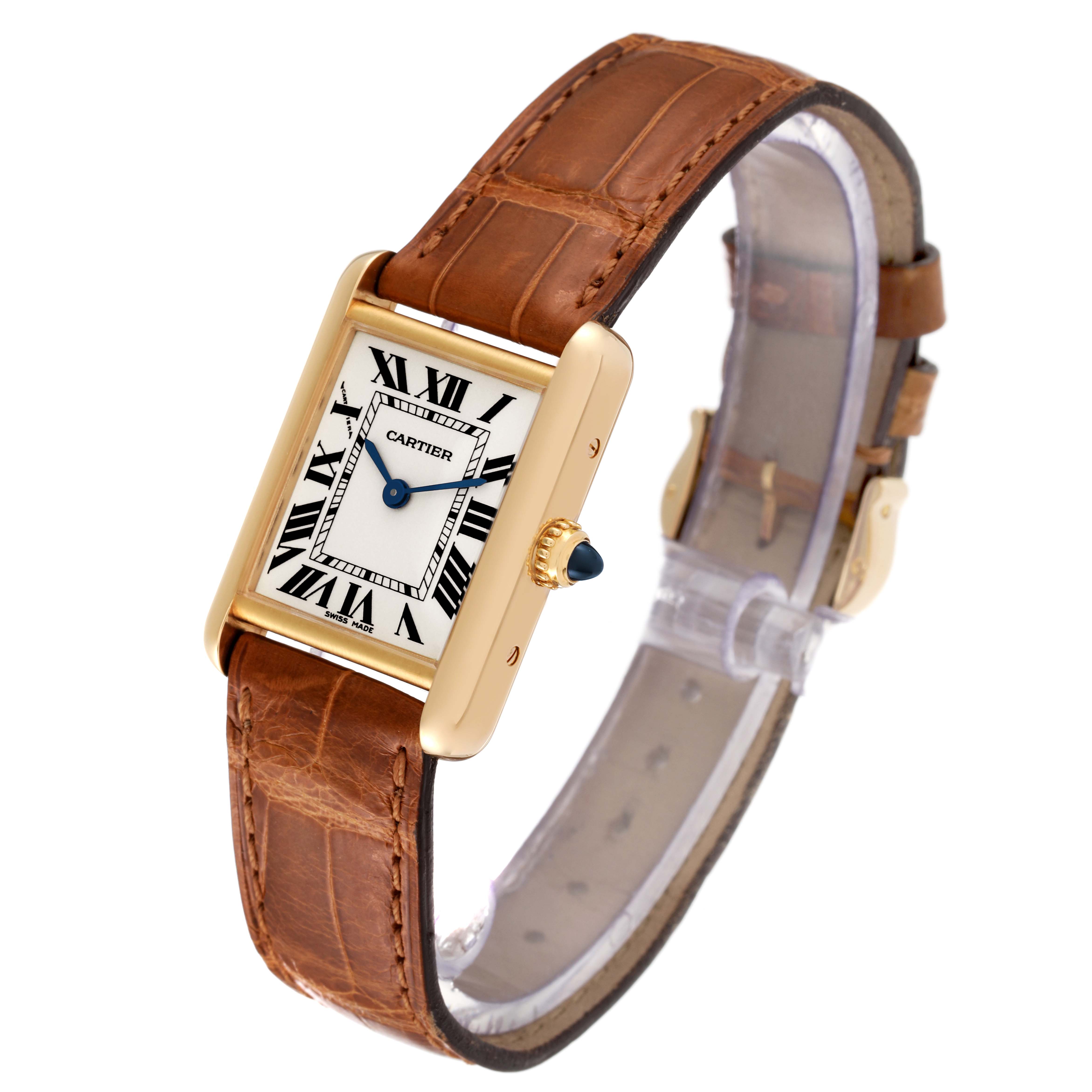The watch is a Cartier Tank Louis W1529856 Women's Yellow Gold Silver Dial W1529856 Women's Yellow Gold Silver Dial model, shown at an angle highlighting the dial, brown leather strap, and crown.