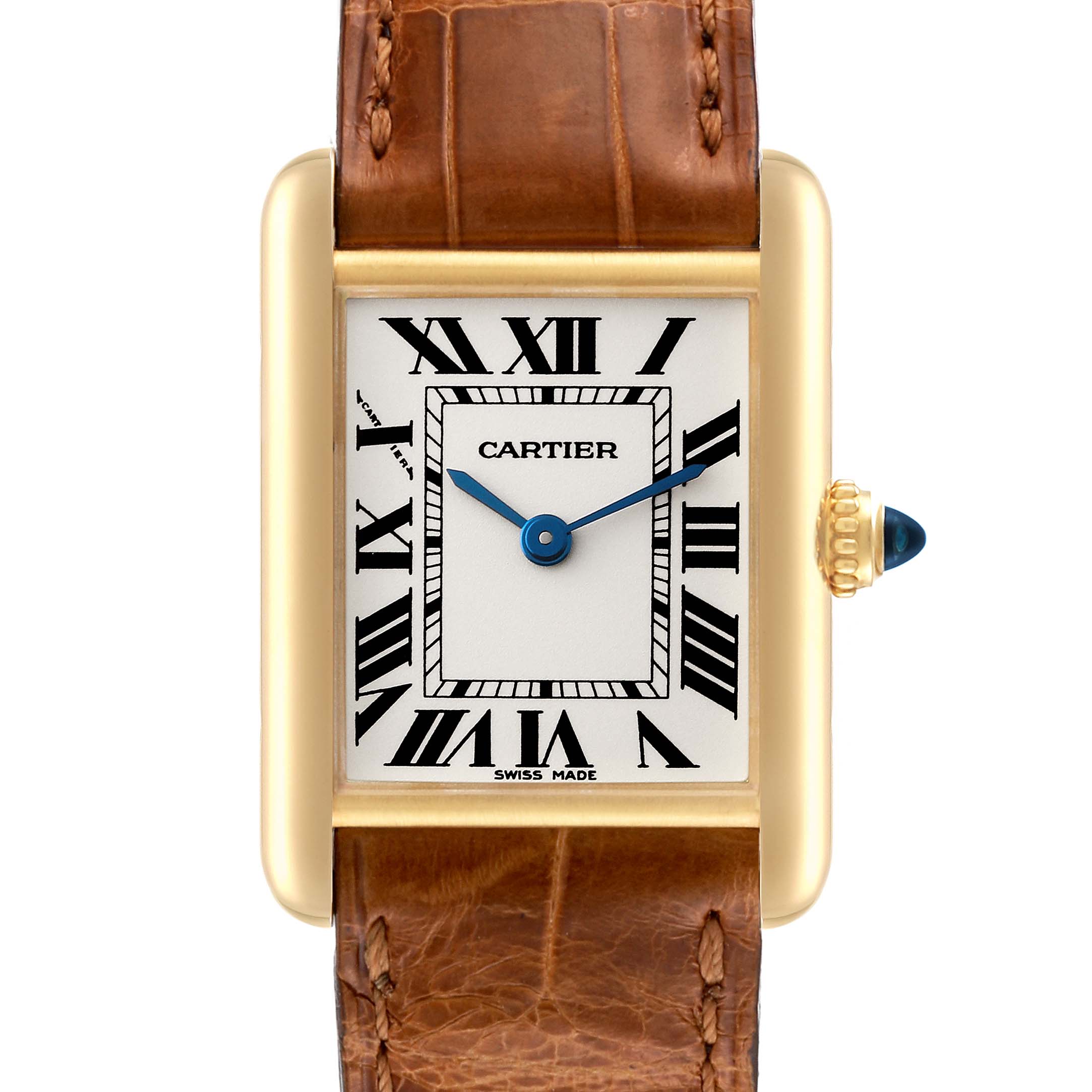 The image shows a Cartier Tank Louis W1529856 Women's Yellow Gold Silver Dial W1529856 Women's Yellow Gold Silver Dial watch with a front view, highlighting its face, bezel, crown, and leather strap.