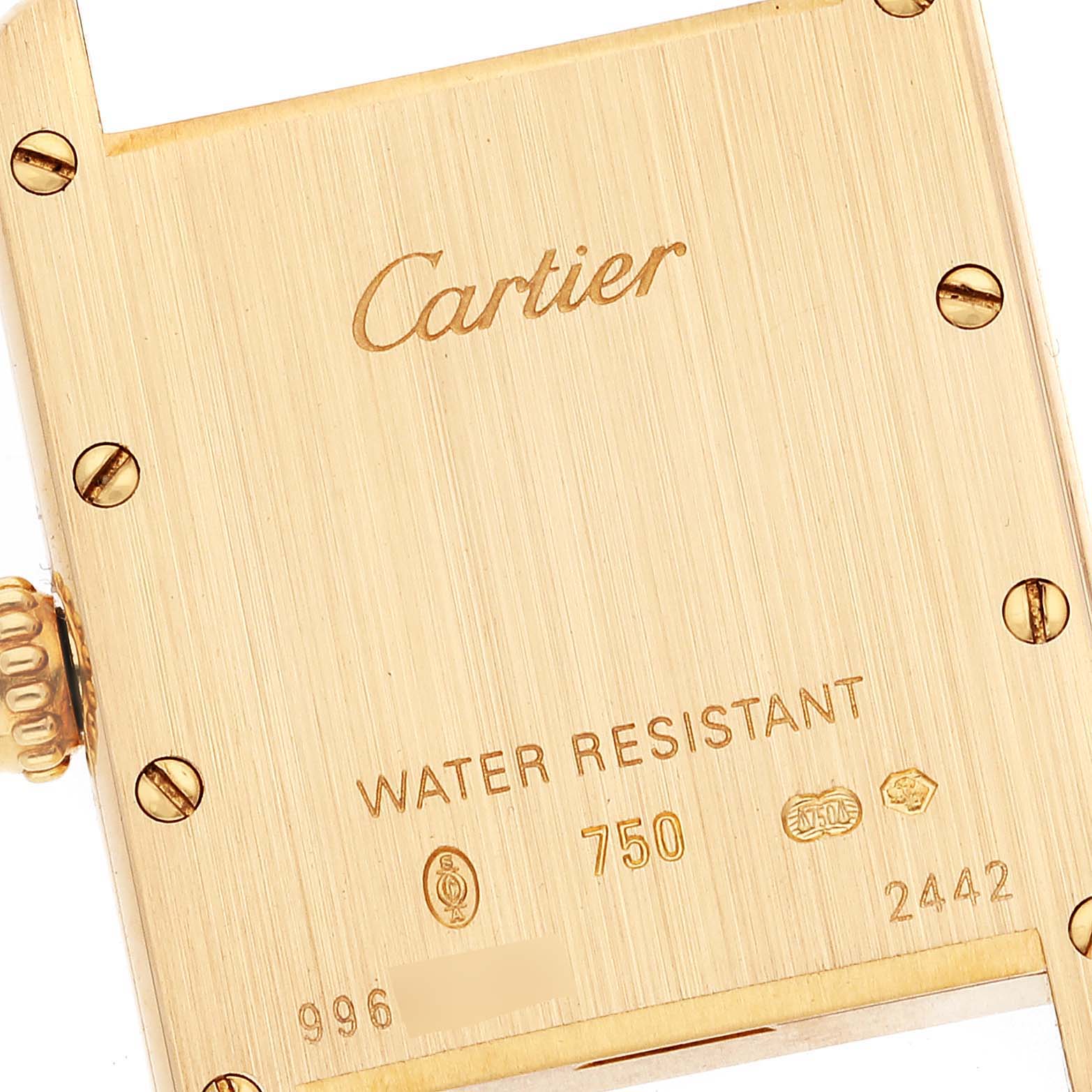 This image shows the back case of a Cartier Tank Louis W1529856 Women's Yellow Gold Silver Dial W1529856 Women's Yellow Gold Silver Dial watch, highlighting its engravings and screws.
