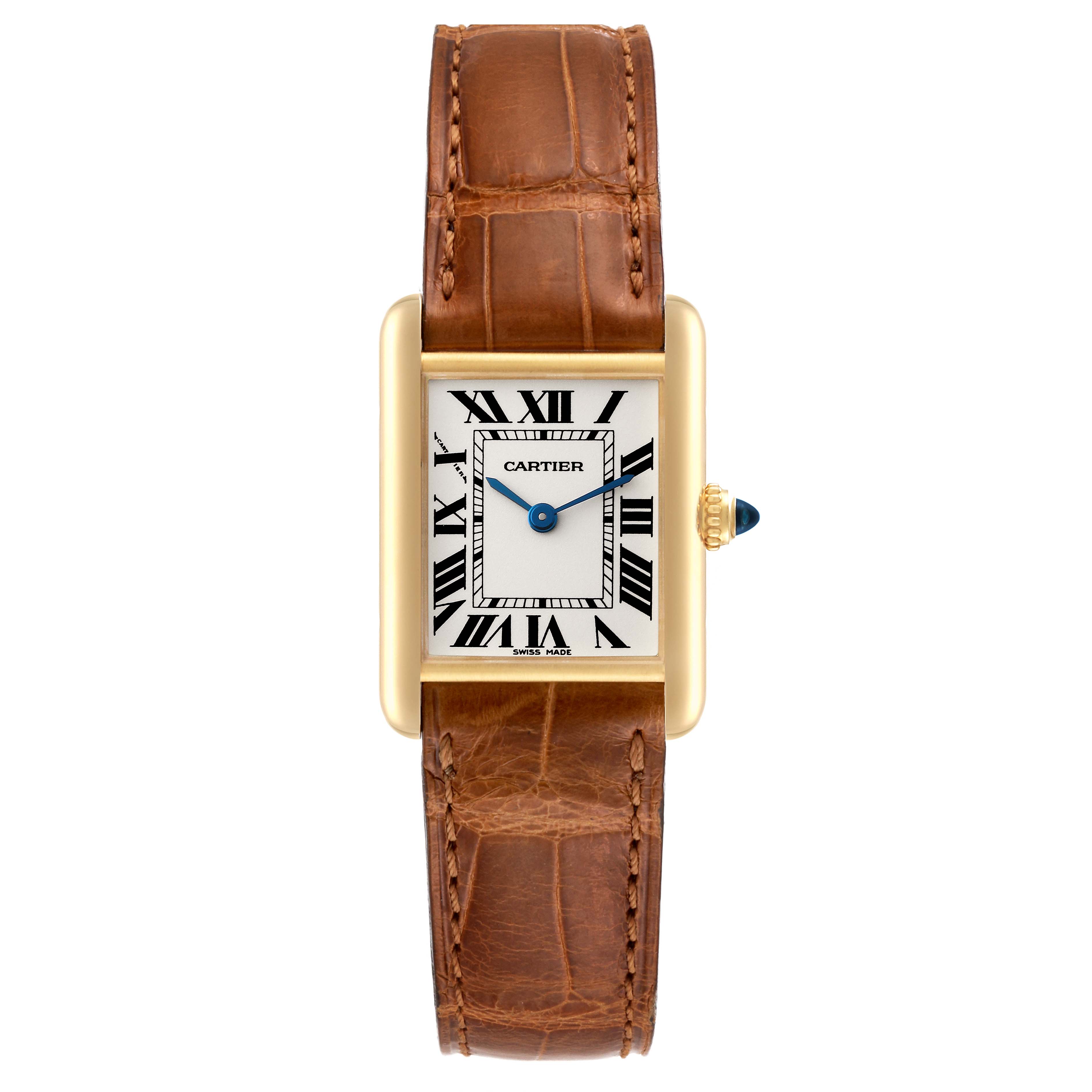 The image shows a Cartier Tank Louis W1529856 Women's Yellow Gold Silver Dial W1529856 Women's Yellow Gold Silver Dial watch from a front angle, featuring a rectangular gold case, leather strap, and blue hands on a white dial.