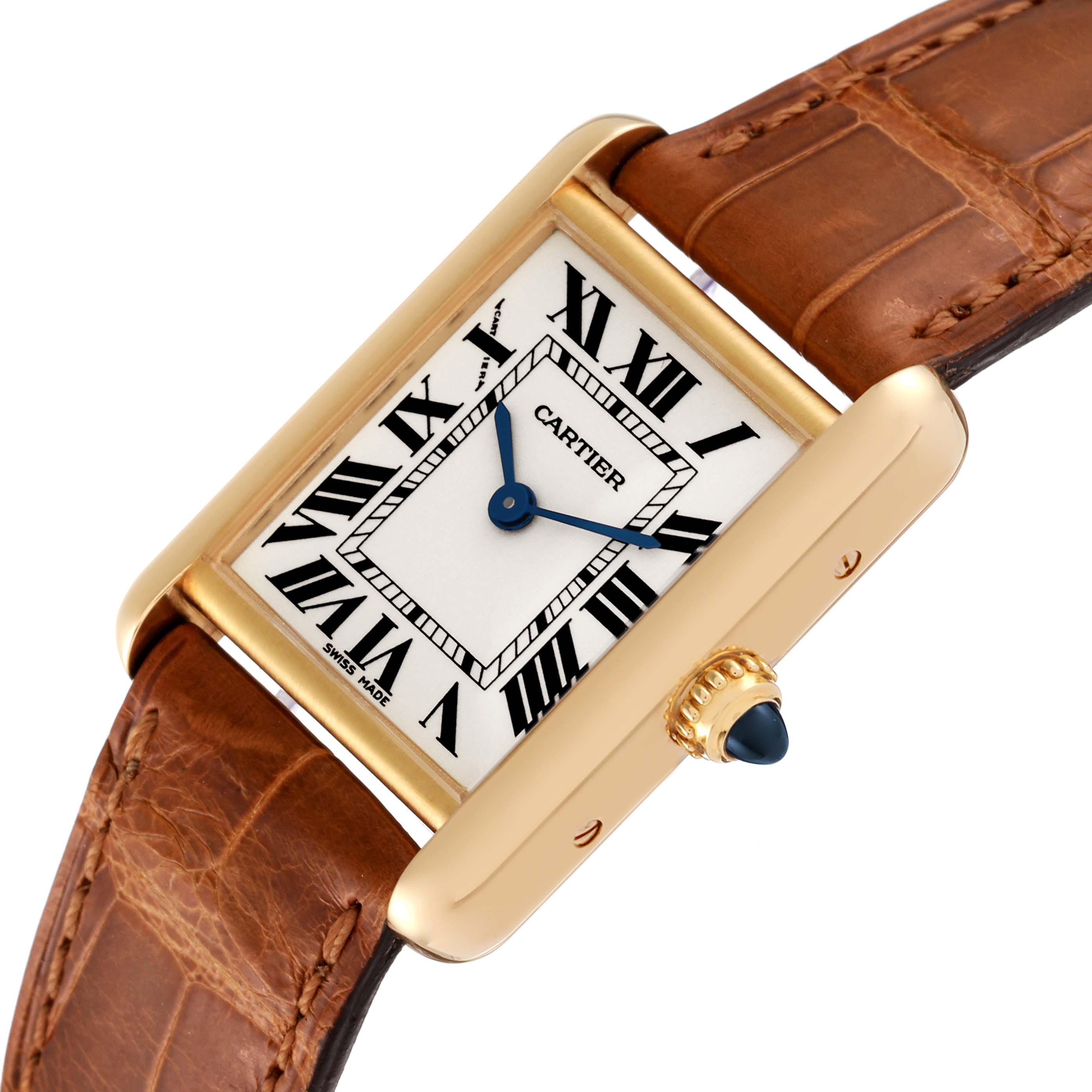 The image shows a close-up, angled view of the Cartier Tank Louis W1529856 Women's Yellow Gold Silver Dial W1529856 Women's Yellow Gold Silver Dial watch, featuring its face, crown, and strap.