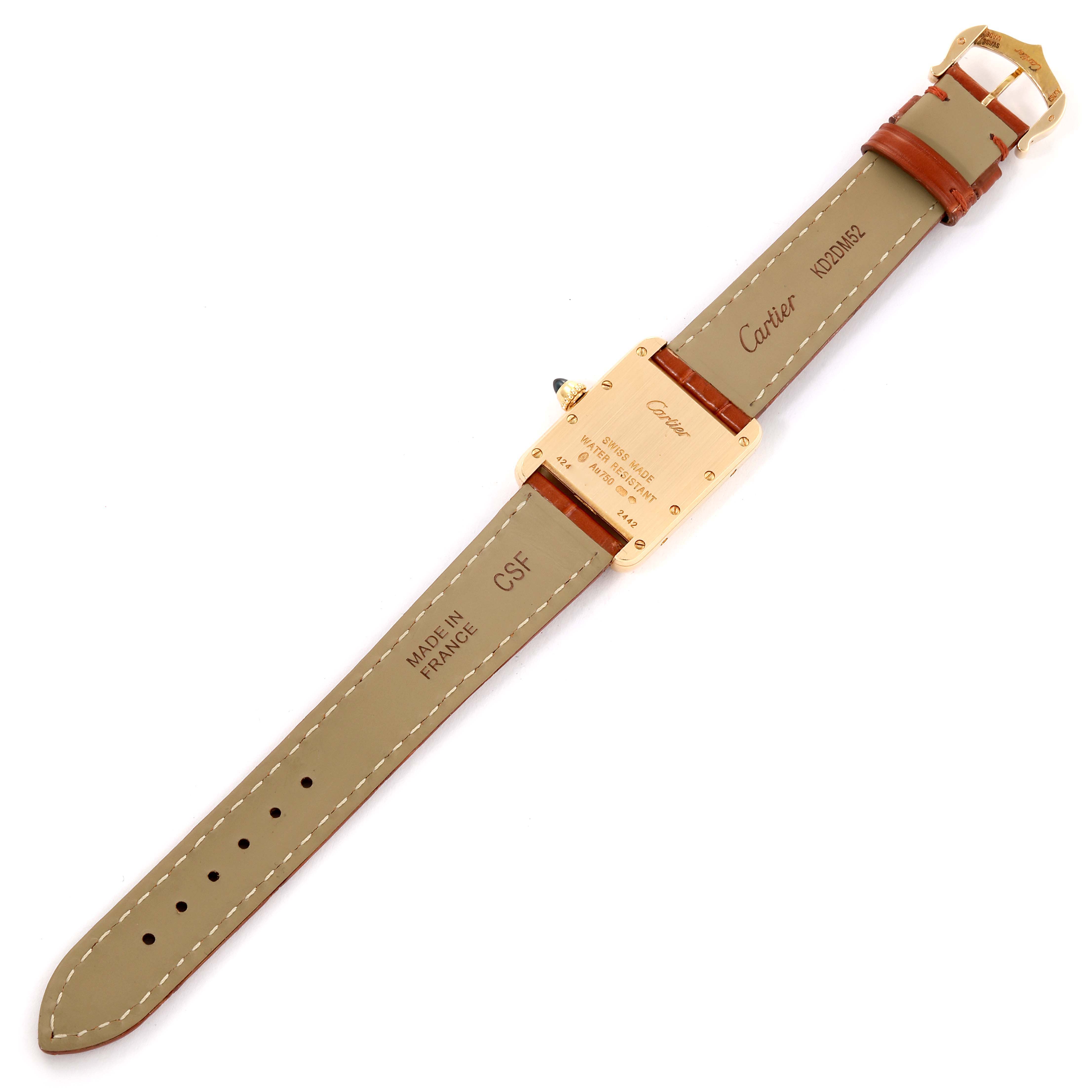 The image shows the back view of a Cartier Tank Louis W1529856 Women's Yellow Gold Silver Dial W1529856 Women's Yellow Gold Silver Dial watch, displaying the case back and leather straps.