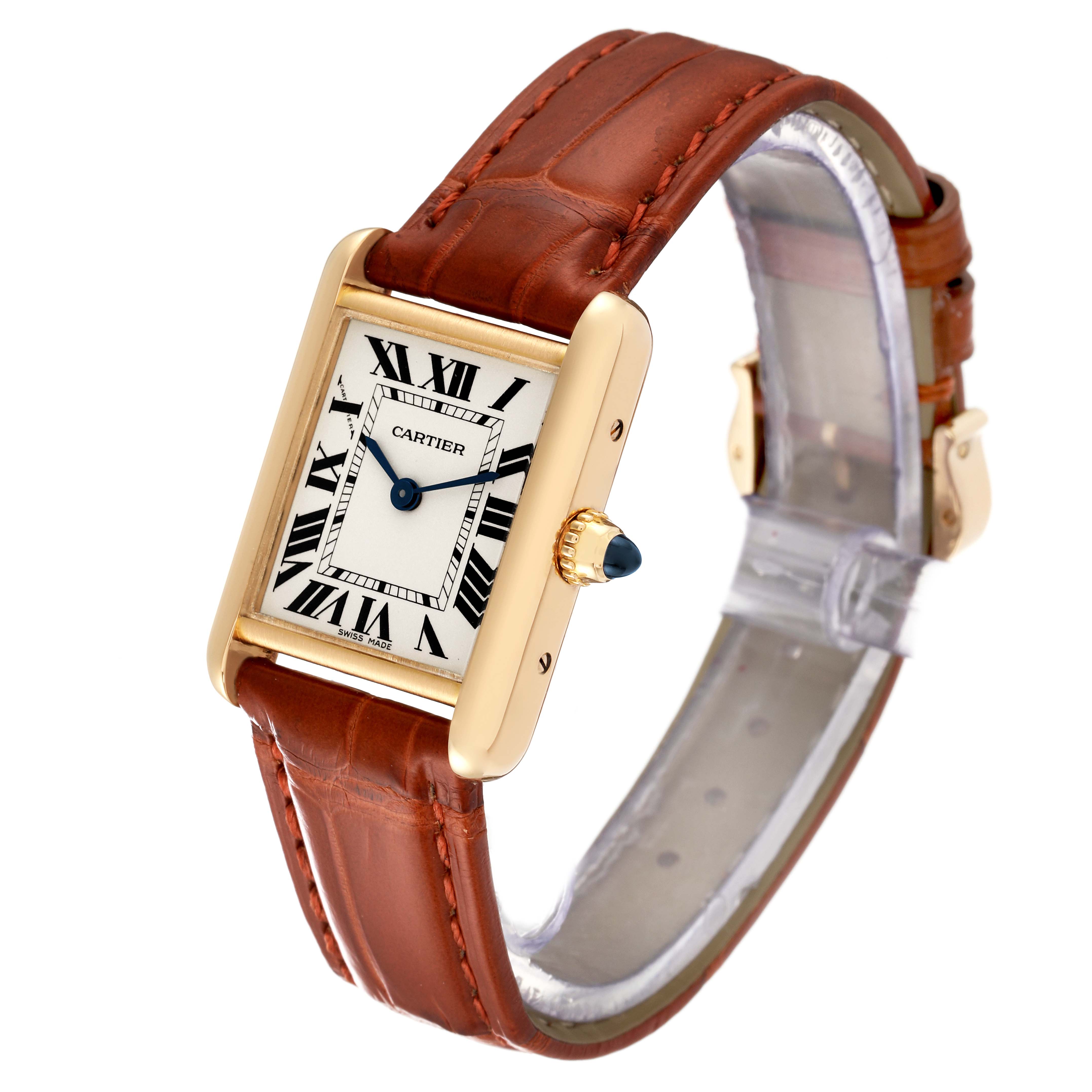 The image shows a Cartier Tank Louis W1529856 Women's Yellow Gold Silver Dial W1529856 Women's Yellow Gold Silver Dial watch at an angled view, displaying the watch face, leather strap, and side crown.