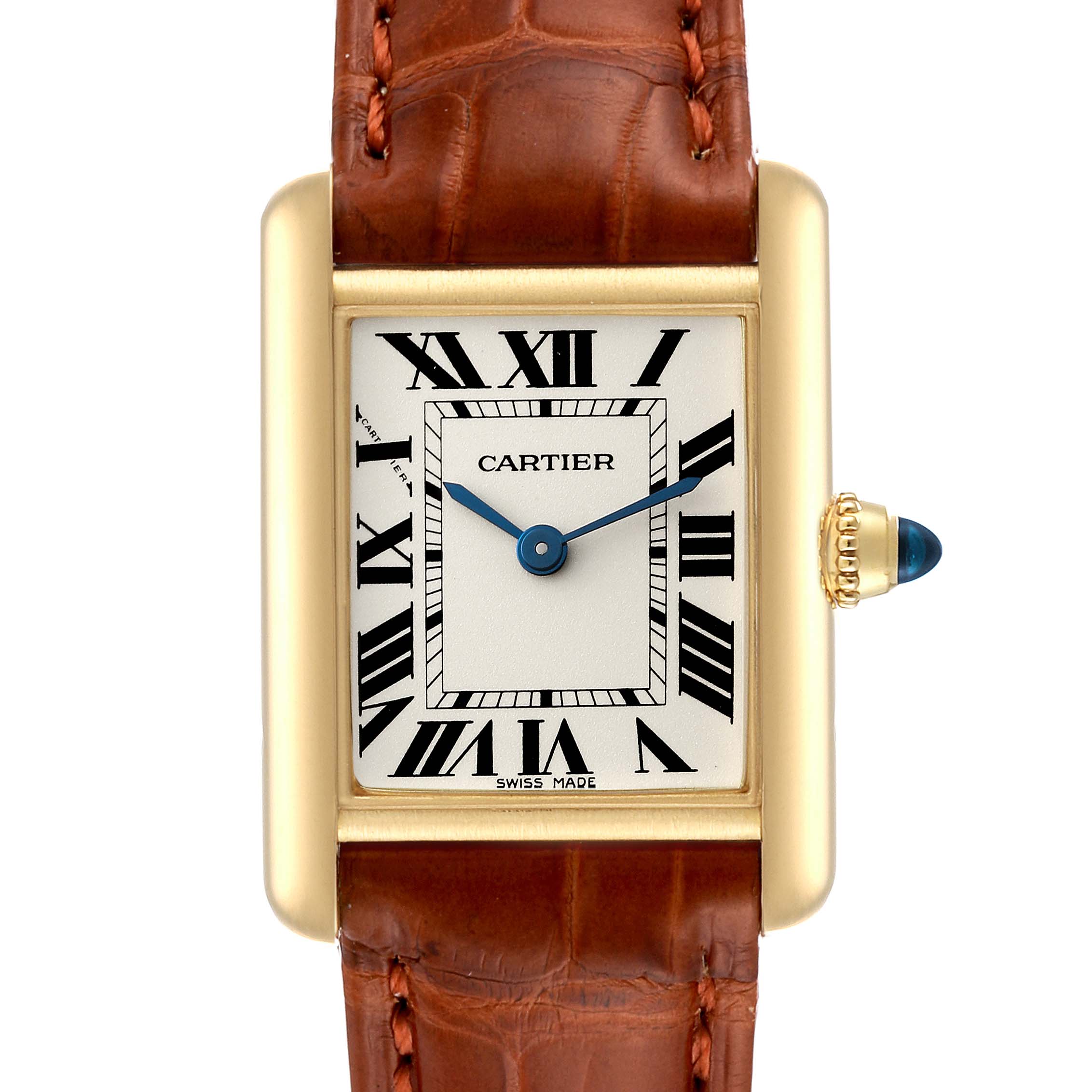 This image shows a front view of the Cartier Tank Louis W1529856 Women's Yellow Gold Silver Dial W1529856 Women's Yellow Gold Silver Dial watch, featuring its rectangular face, Roman numerals, brown leather strap, and blue cabochon crown.
