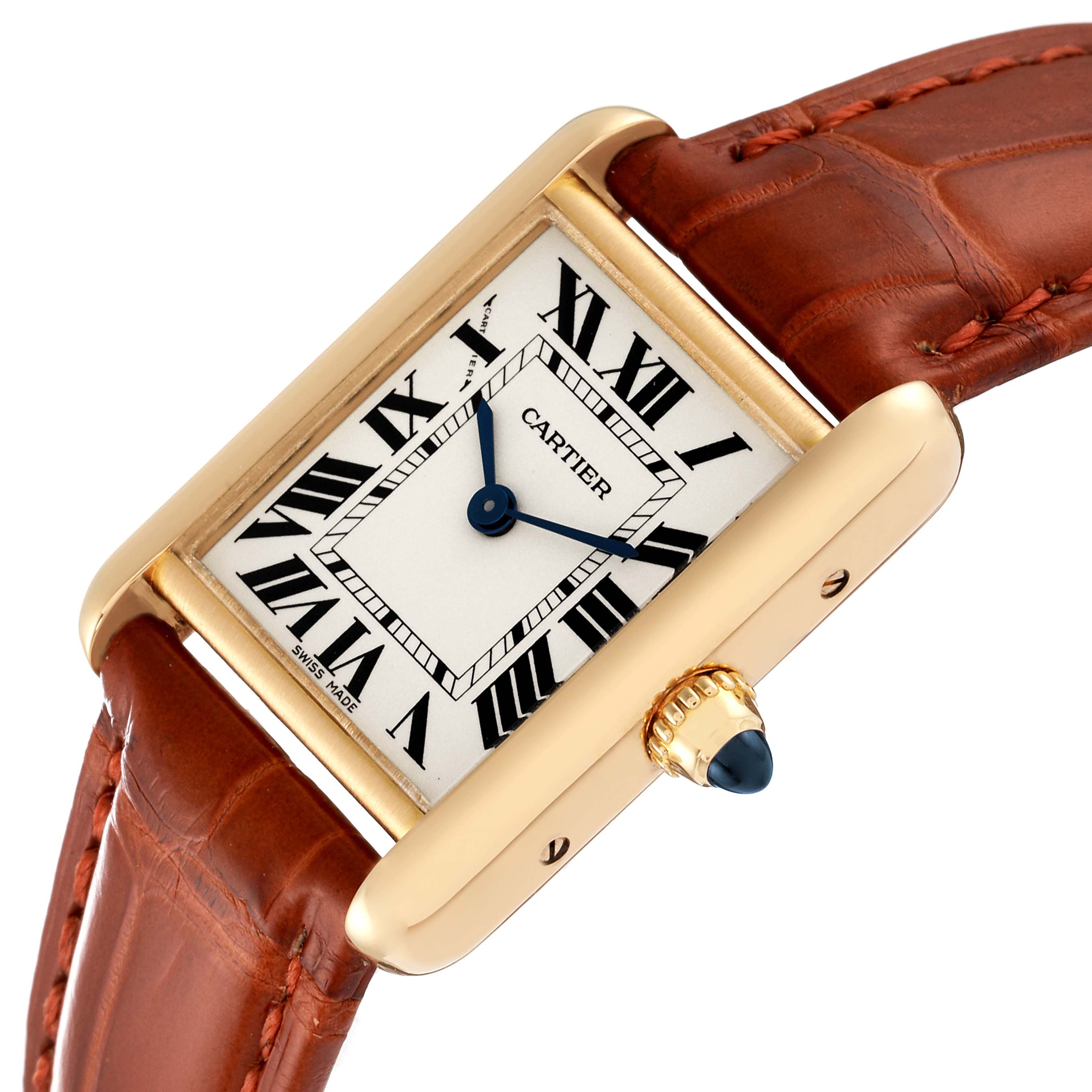 The image shows a Cartier Tank Louis W1529856 Women's Yellow Gold Silver Dial W1529856 Women's Yellow Gold Silver Dial watch at an angle, highlighting its face, hands, crown, and brown leather strap.