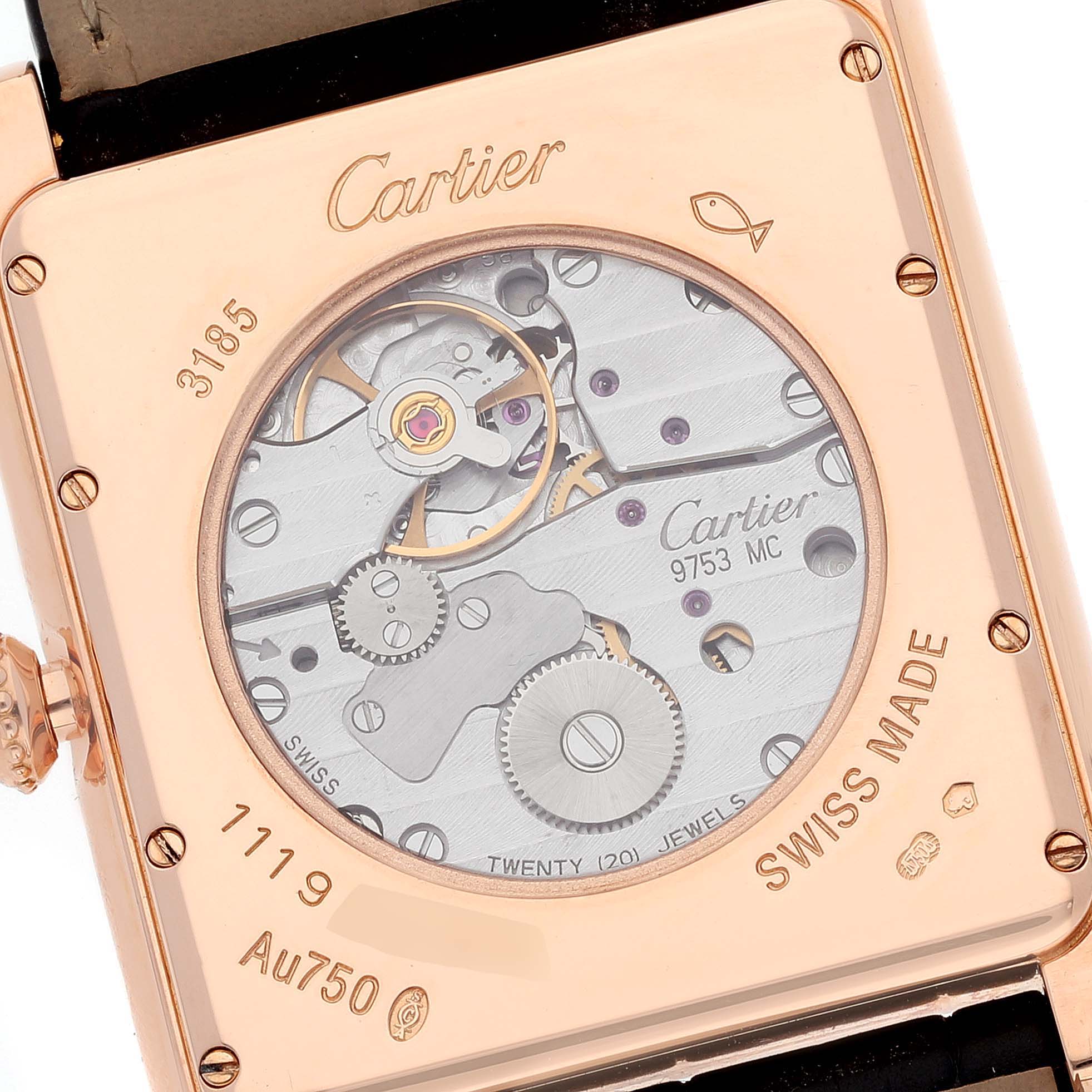This image shows a close-up view of the movement and case back of a Cartier Tank Louis W1560003 Men's Rose Gold Silver Dial W1560003 Men's Rose Gold Silver Dial watch.