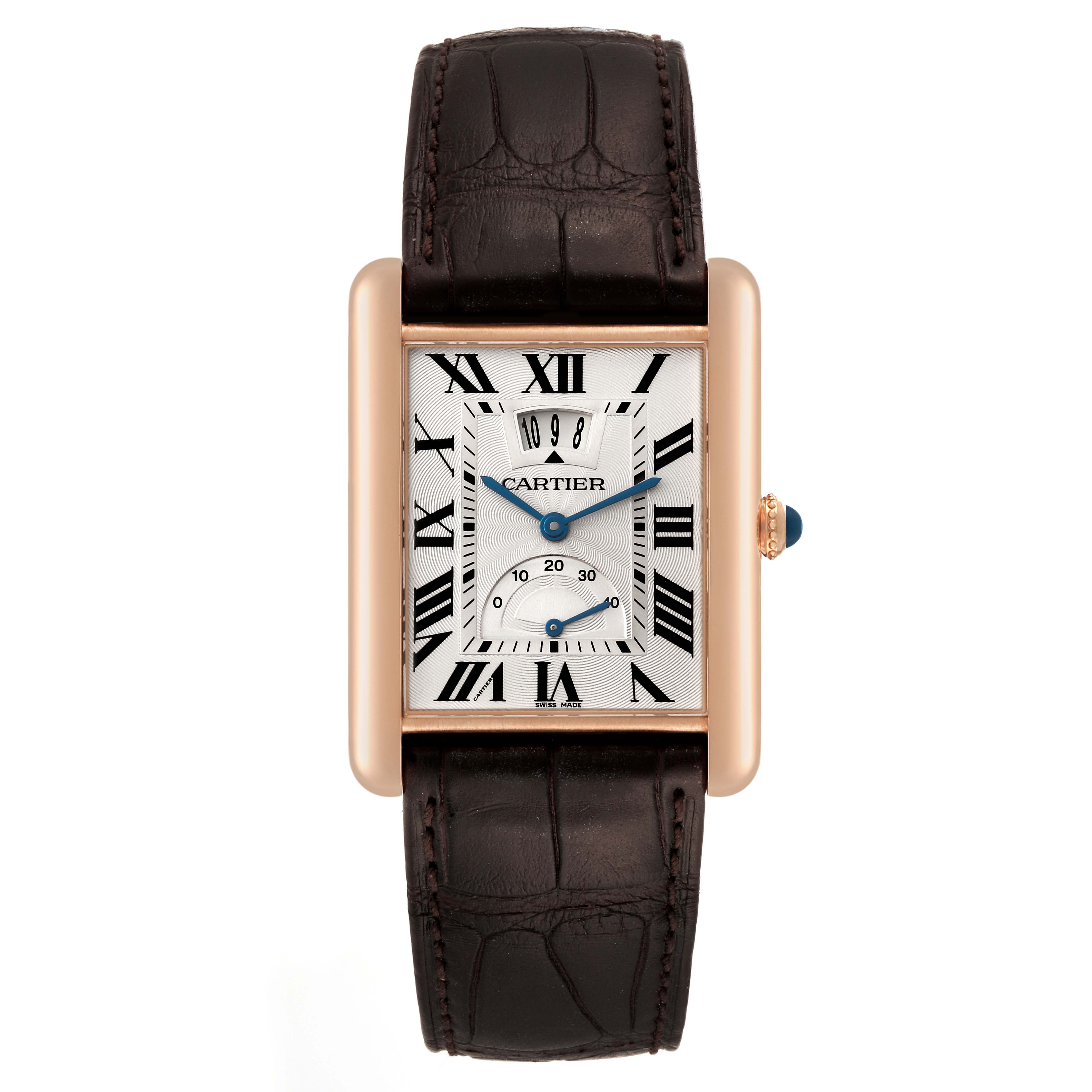 The image shows a Tank Louis model by Cartier from a front view, displaying the watch face, case, and leather strap.