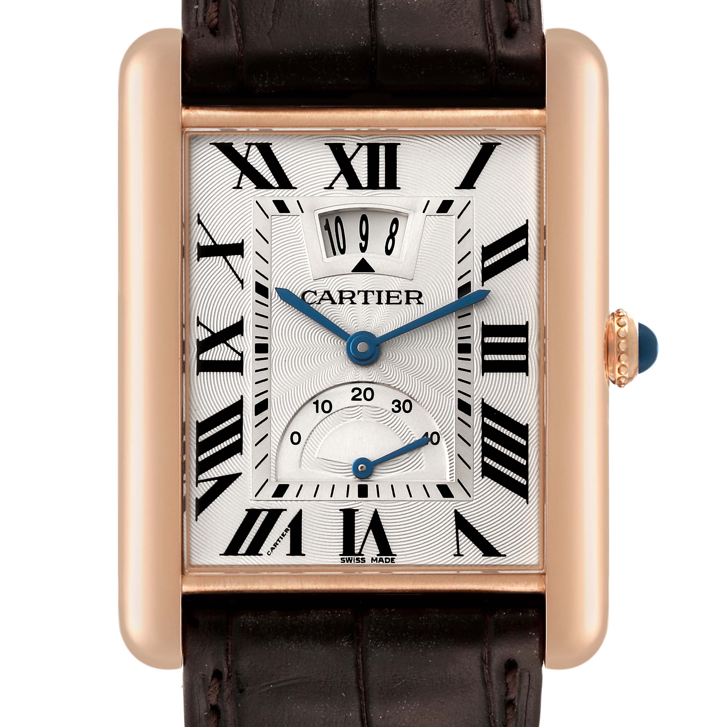 The image shows a front view of the Cartier Tank Louis W1560003 Men's Rose Gold Silver Dial W1560003 Men's Rose Gold Silver Dial watch, displaying its dial, crown, and part of the strap.