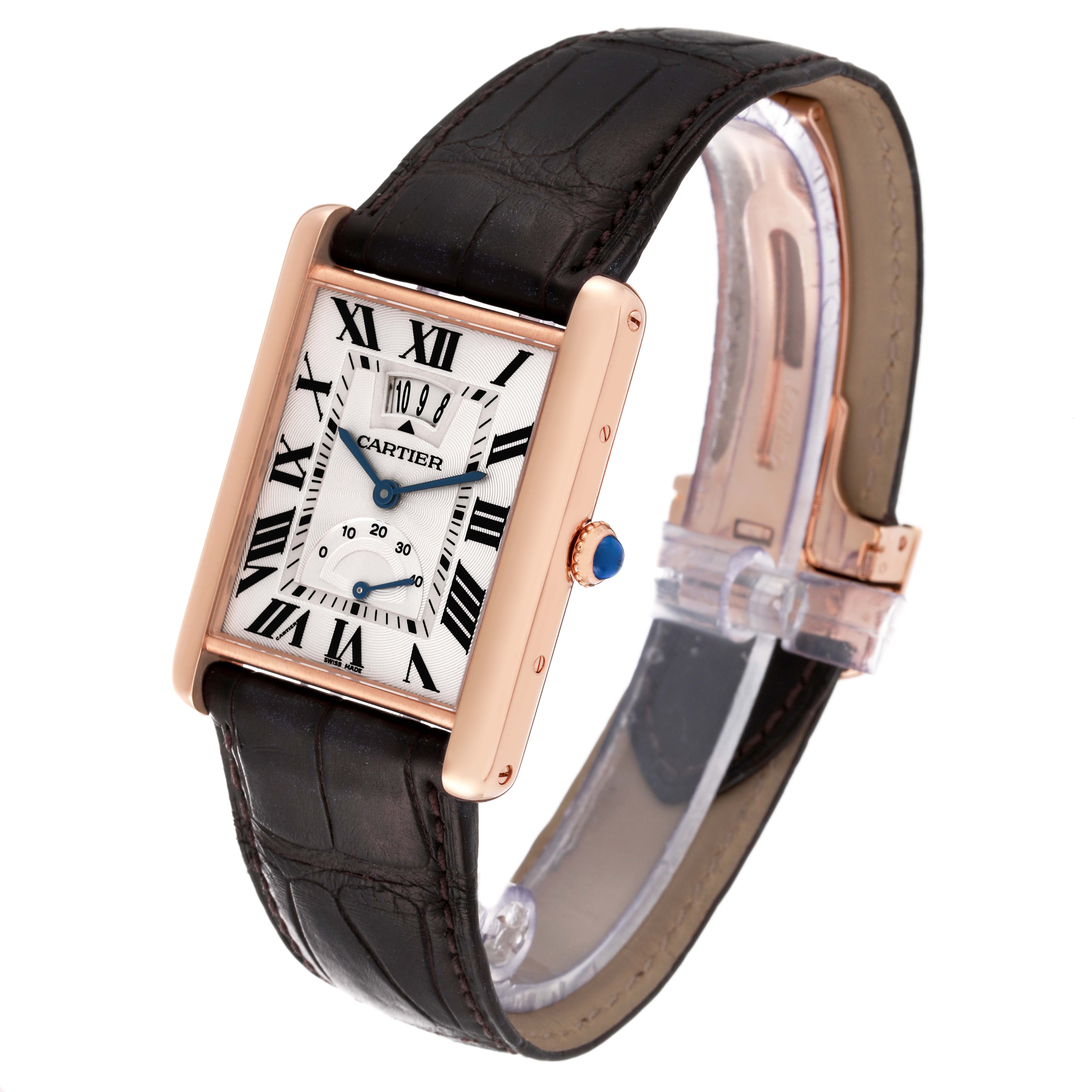 This image shows a Cartier Tank Louis W1560003 Men's Rose Gold Silver Dial W1560003 Men's Rose Gold Silver Dial watch, angled to display the face, strap, and side crown.