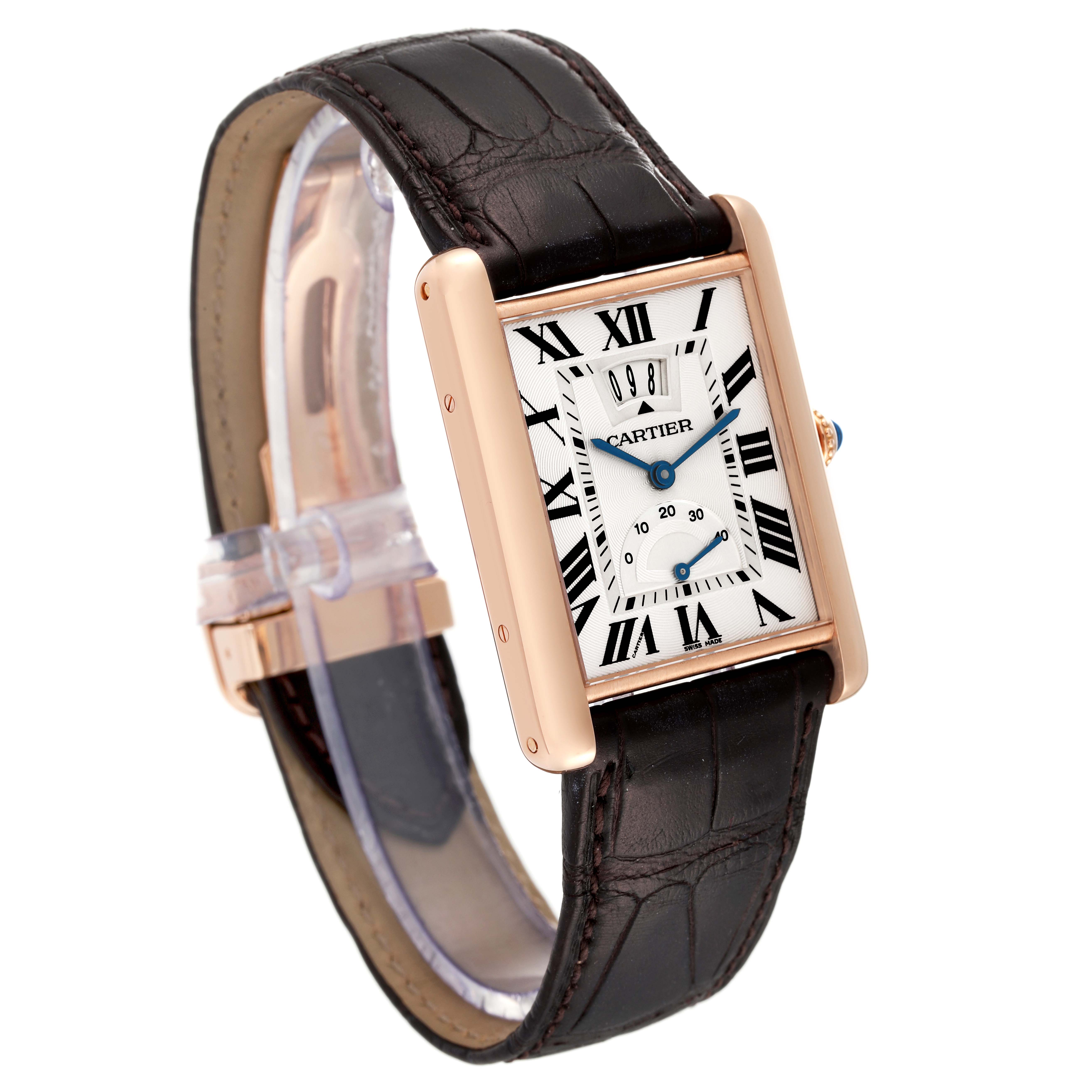 This image shows a Cartier Tank Louis W1560003 Men's Rose Gold Silver Dial W1560003 Men's Rose Gold Silver Dial watch at a three-quarter angle, highlighting its face, case, and leather strap.