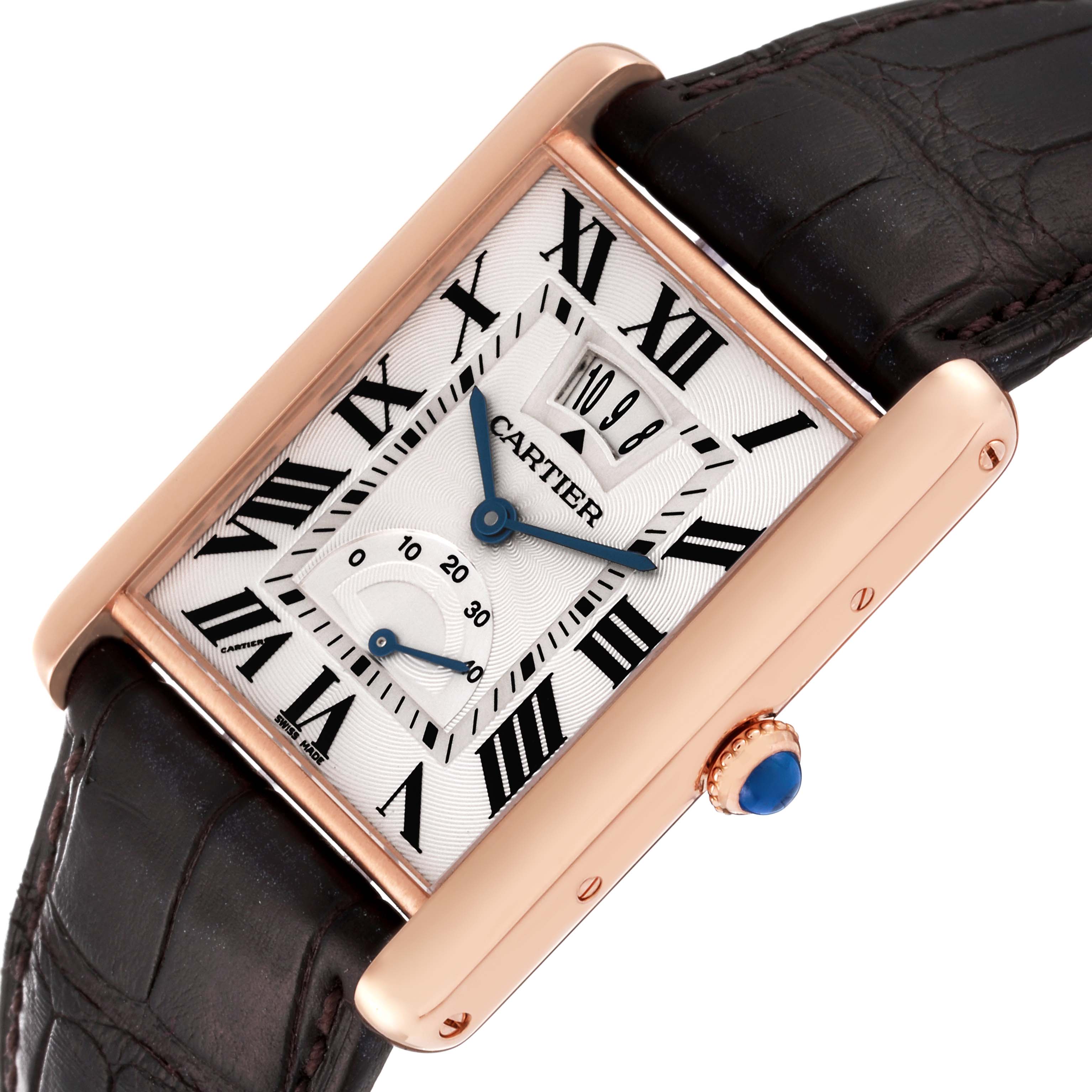 The image shows a Cartier Tank Louis W1560003 Men's Rose Gold Silver Dial W1560003 Men's Rose Gold Silver Dial watch, viewed at a slight angle, highlighting the face, crown, and strap.