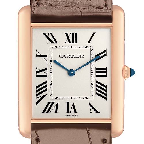 The image shows a front view of the Cartier Tank Louis W1560017 Men's Rose Gold Silver Dial watch, highlighting the dial, Roman numerals, and gold case with the crown.