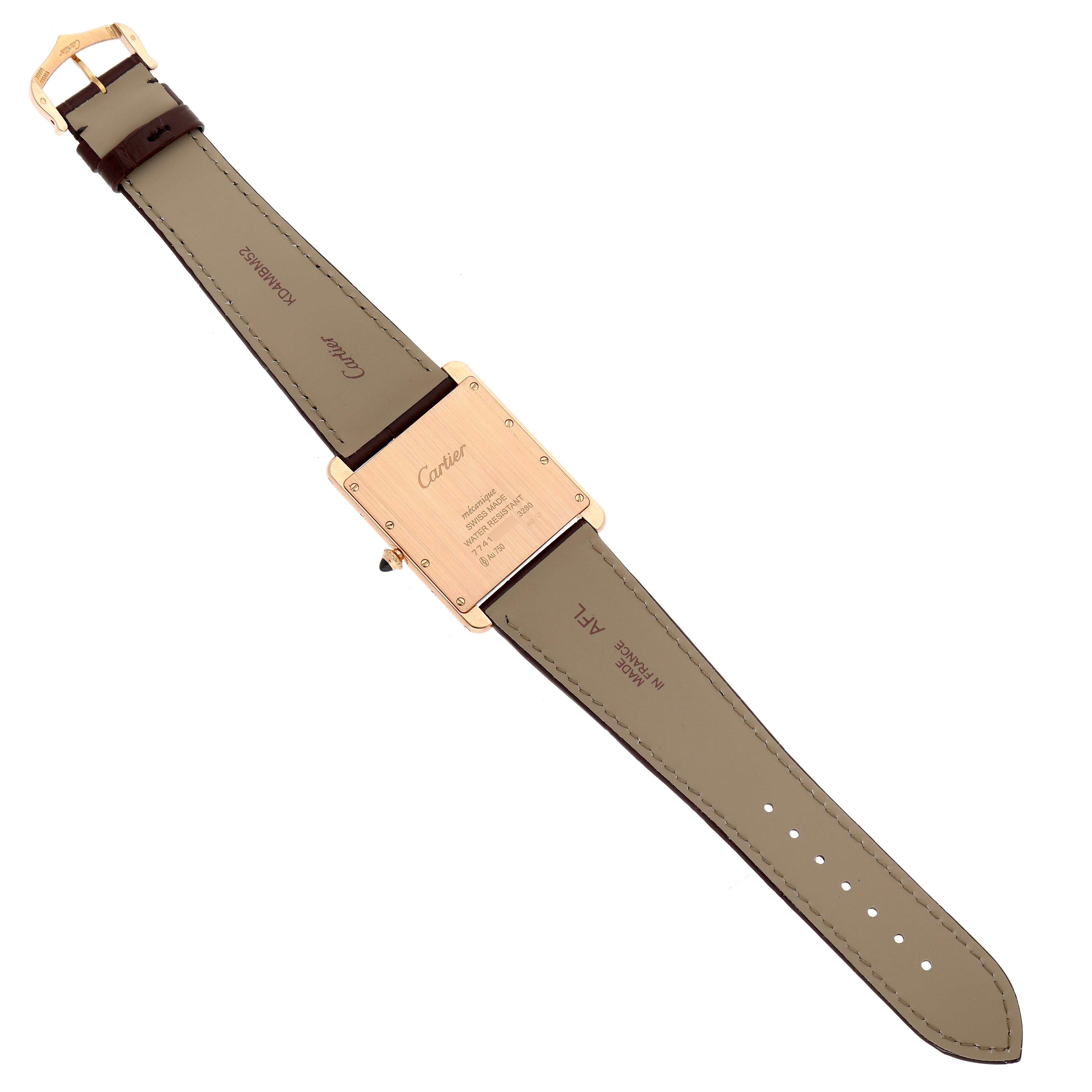The image shows the back and strap of the Cartier Tank Louis W1560017 Men's Rose Gold Silver Dial watch laid flat, highlighting the buckle and case back.