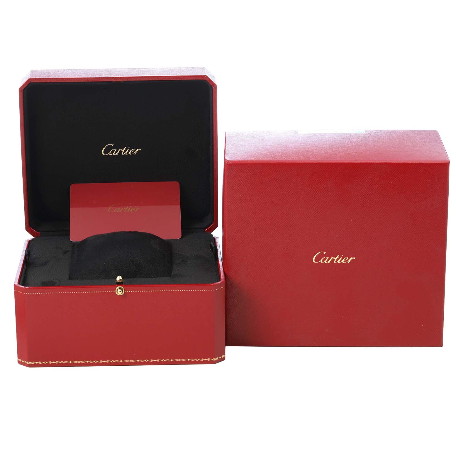 The image shows an open red Cartier box for the Tank Louis model, with a cushion and a card inside.