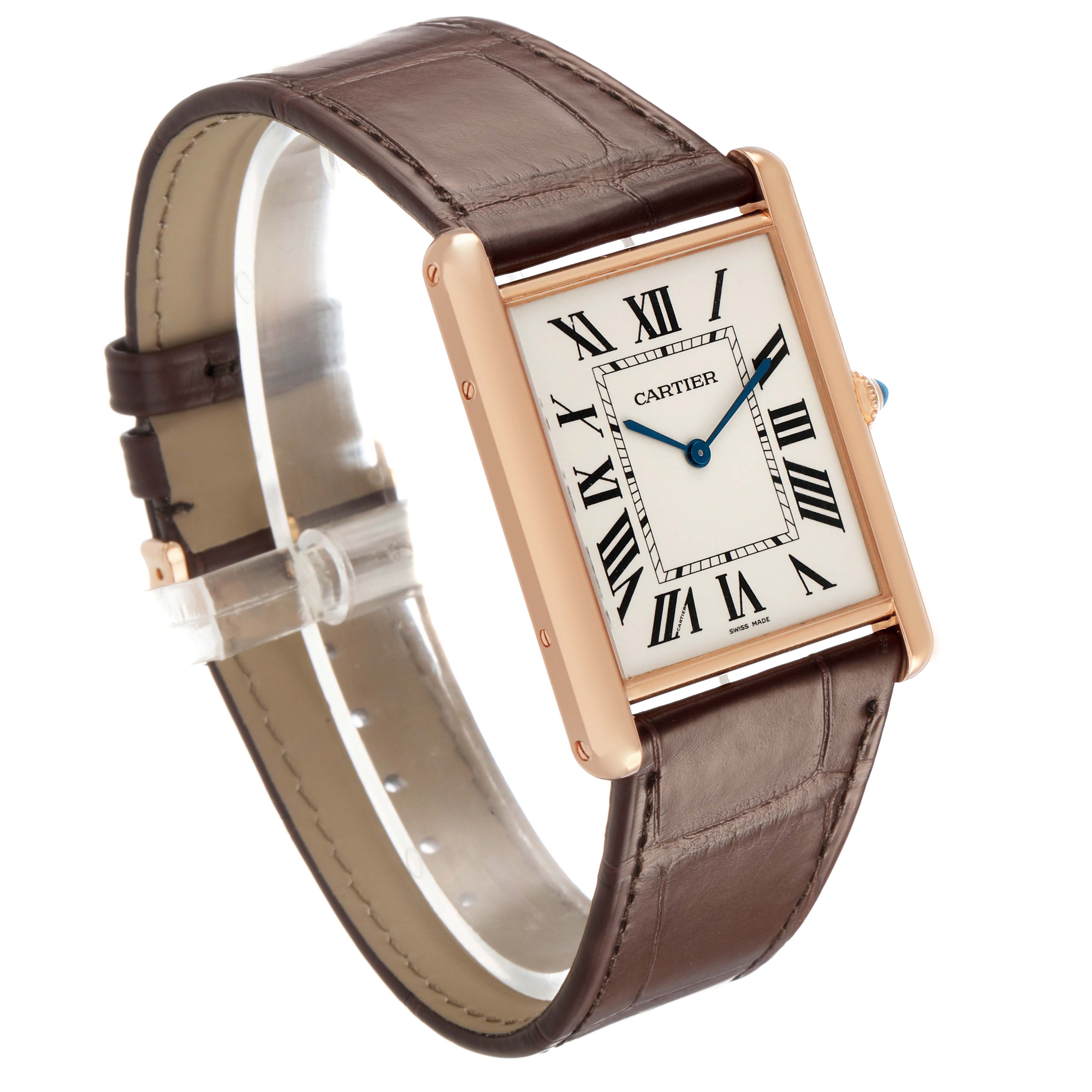 The Cartier Tank Louis W1560017 Men's Rose Gold Silver Dial watch is shown at a three-quarter angle, displaying the face, Roman numerals, and leather strap.