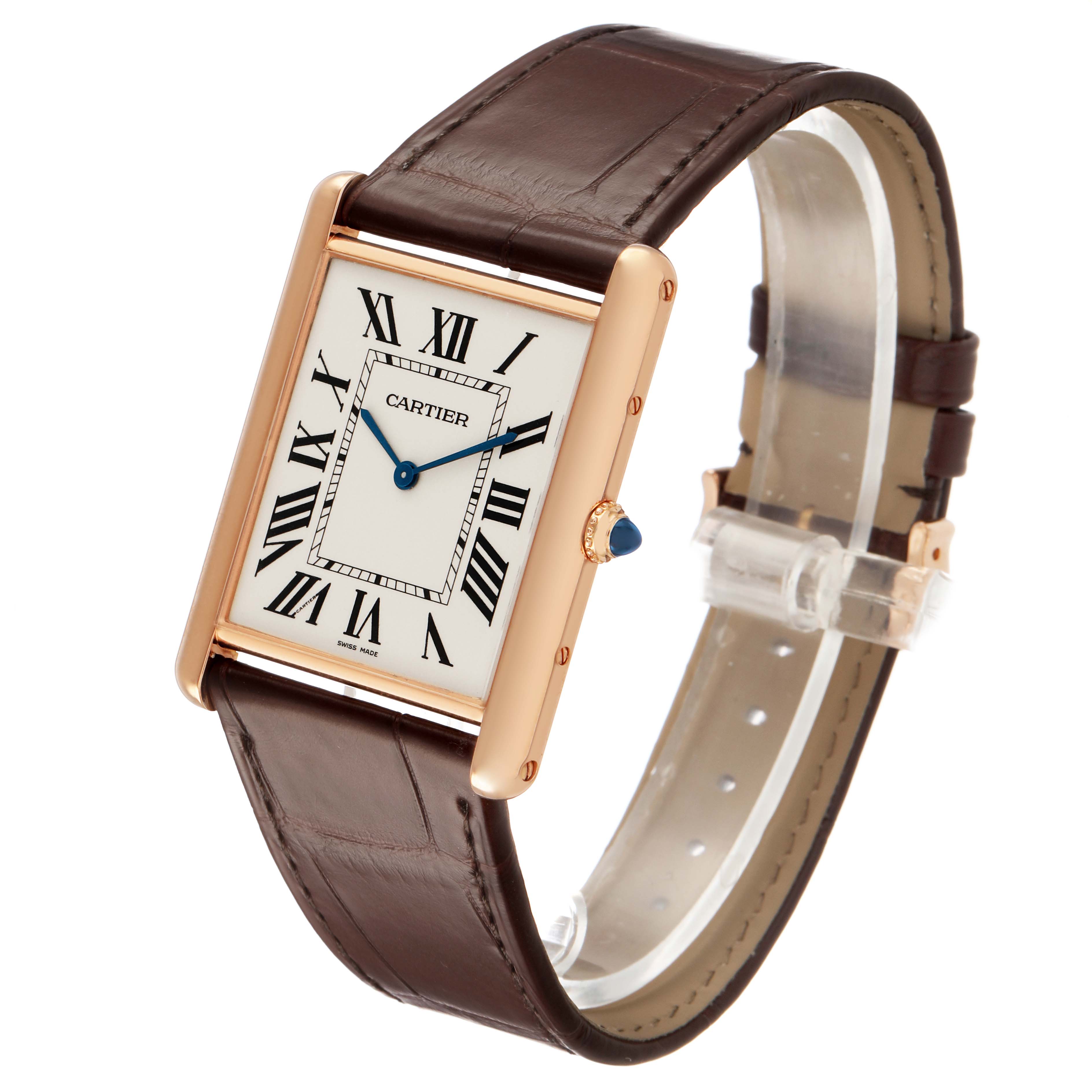 The Cartier Tank Louis W1560017 Men's Rose Gold Silver Dial watch is shown at a slight side angle, highlighting its rectangular face, Roman numerals, and leather strap.