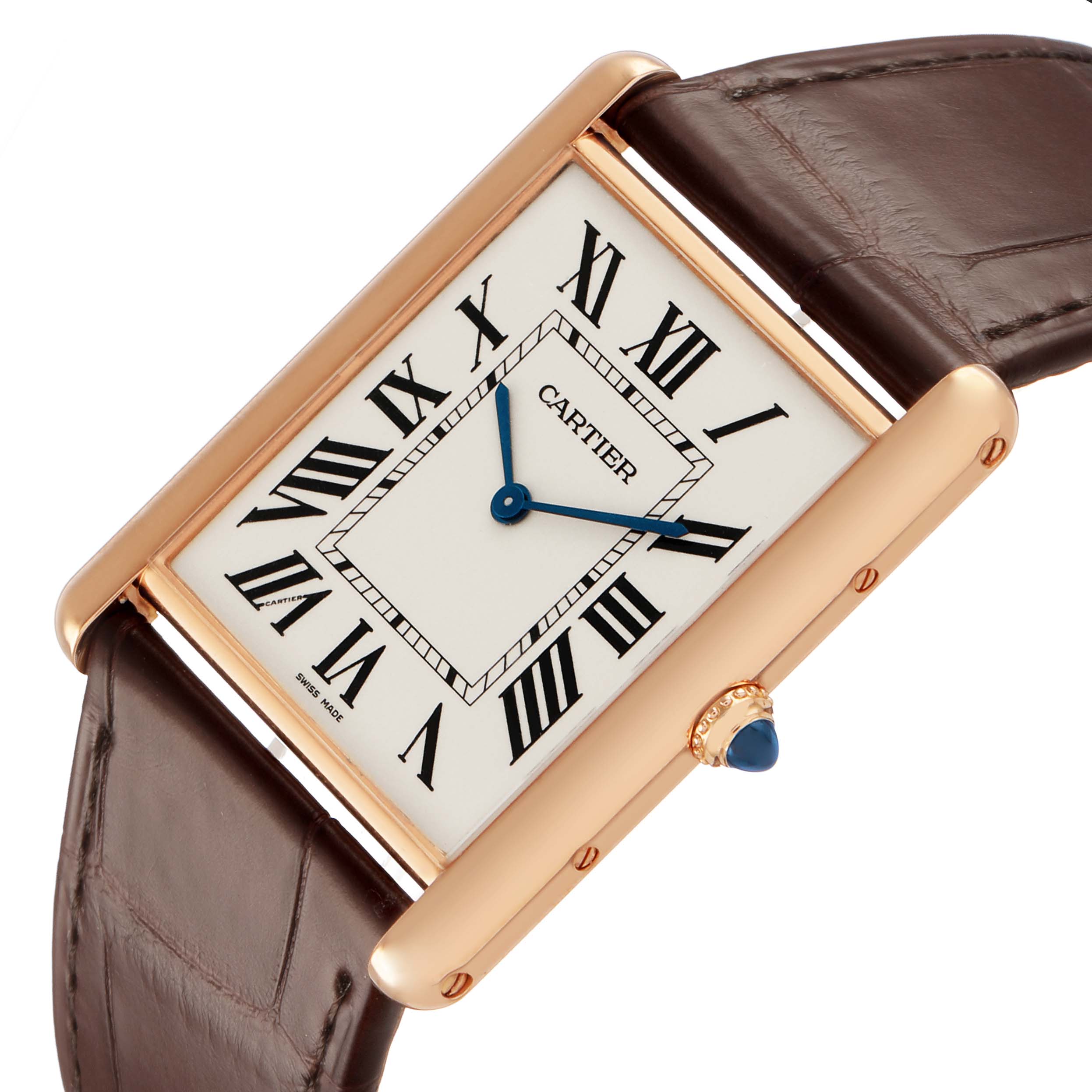 The Cartier Tank Louis W1560017 Men's Rose Gold Silver Dial watch is shown at an angle, displaying its face, Roman numerals, blue hands, and leather strap.