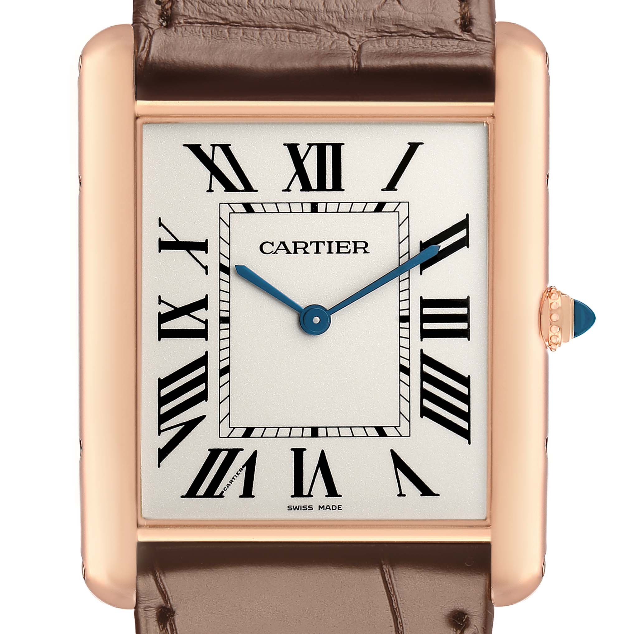 The Cartier Tank Louis W1560017 Men's Rose Gold Silver Dial watch is shown from the front, highlighting its rectangular face, Roman numerals, and brown leather strap.
