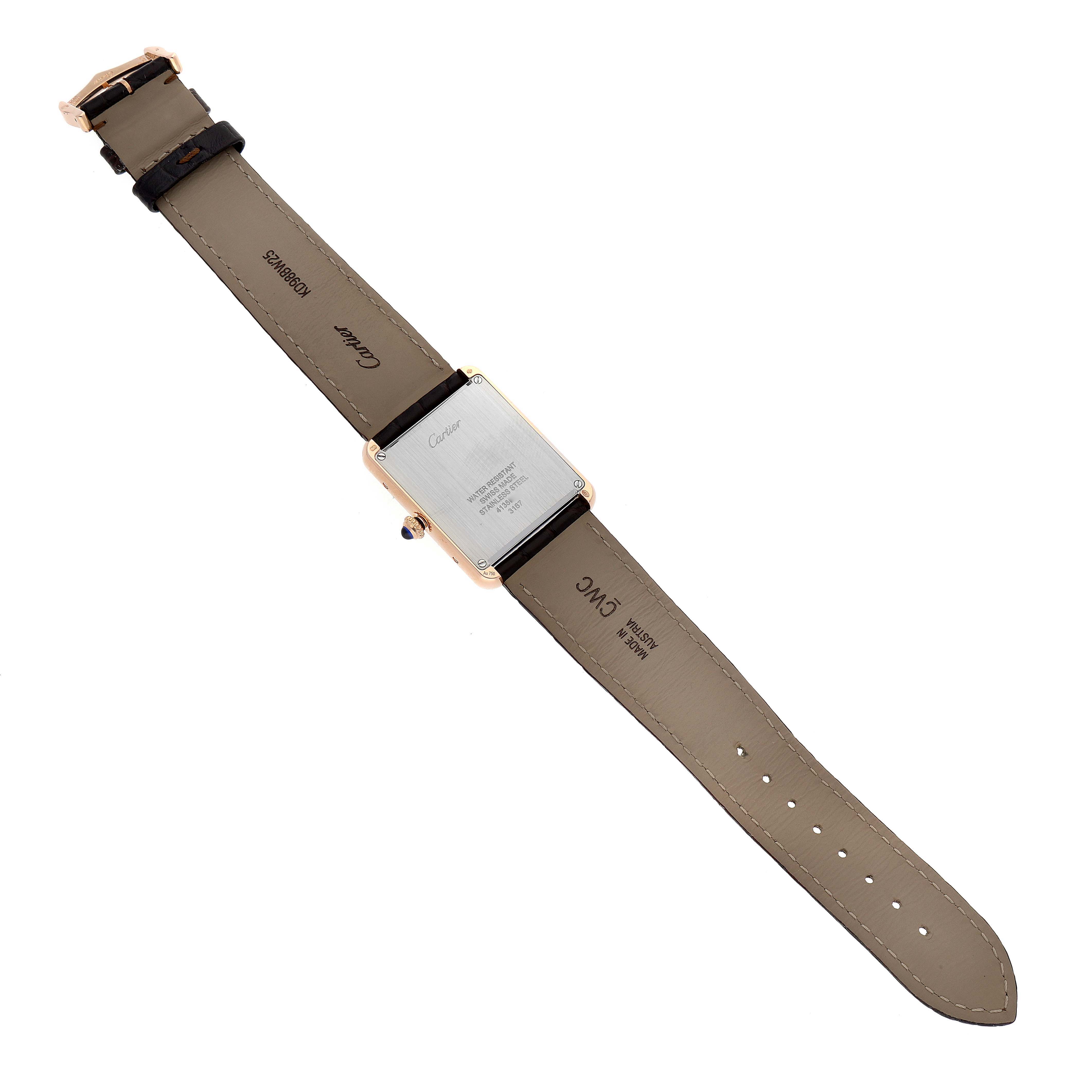 This image shows the back view of a Cartier Tank Solo W5200025 Men
s Rose Gold Silver Dial W5200025 Men
s Rose Gold Silver Dial watch, highlighting the watch case and leather strap.