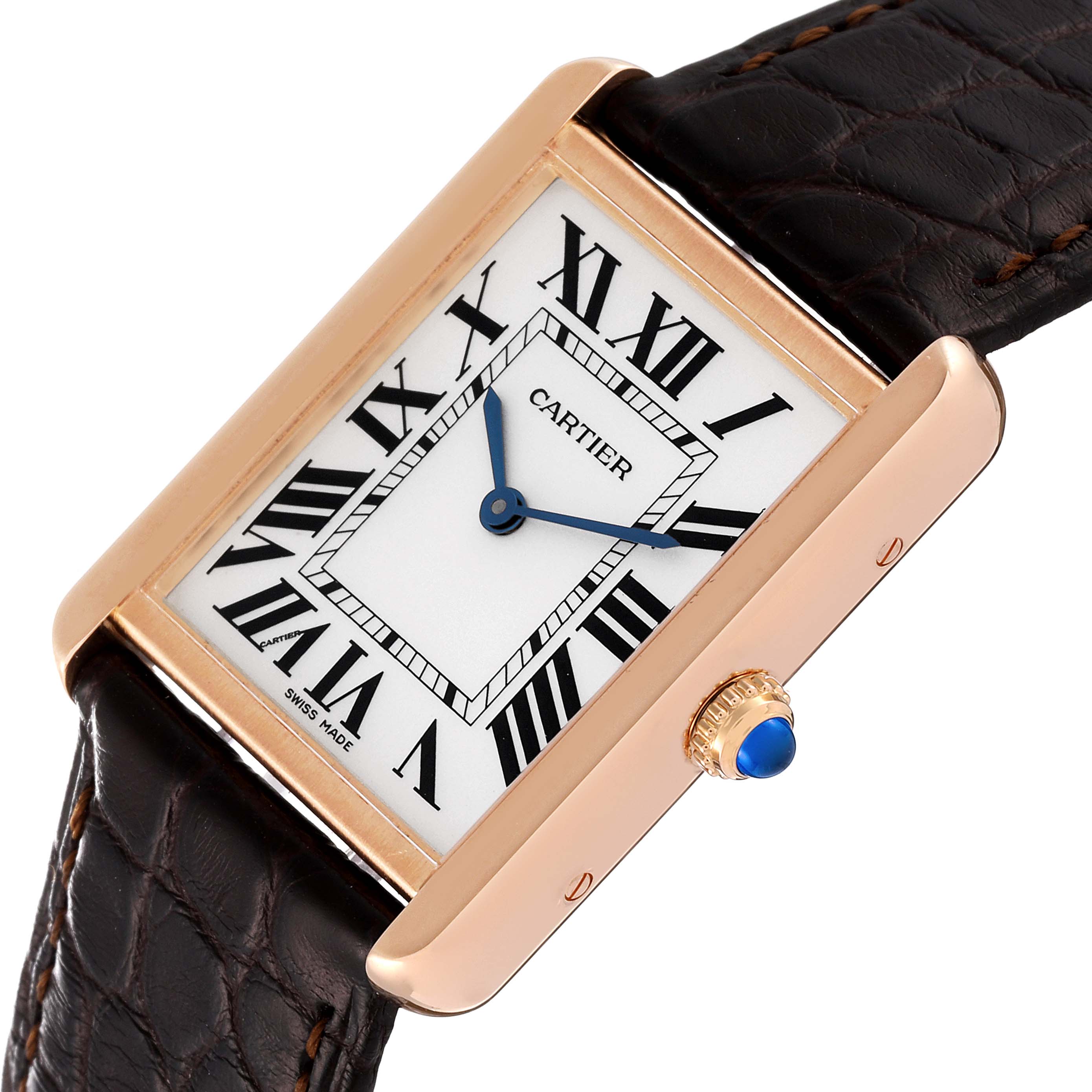 The image shows an angled view of the Cartier Tank Solo W5200025 Men
s Rose Gold Silver Dial W5200025 Men
s Rose Gold Silver Dial watch, including the face, crown, and brown leather strap.