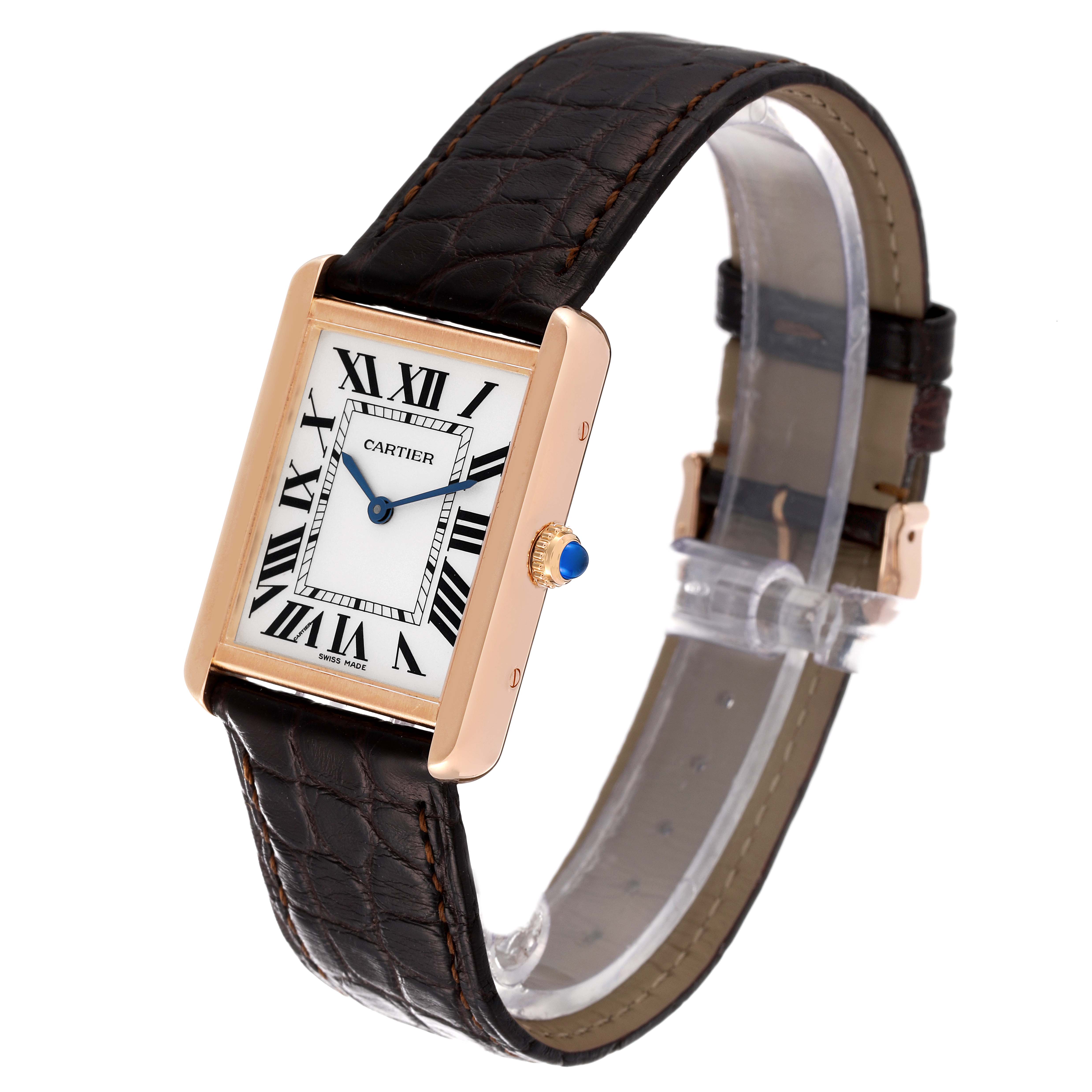 The image shows a Cartier Tank Solo W5200025 Men
s Rose Gold Silver Dial W5200025 Men
s Rose Gold Silver Dial watch at a three-quarter angle, highlighting its face, case, crown, and leather strap.