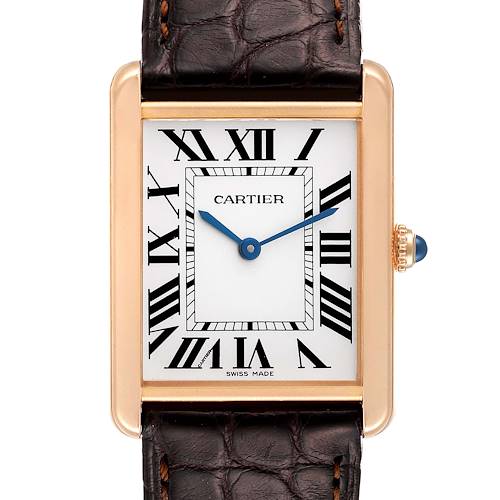 Photo of Cartier Tank Solo Large Rose Gold Steel Brown Strap Mens Watch W5200025 Box Papers