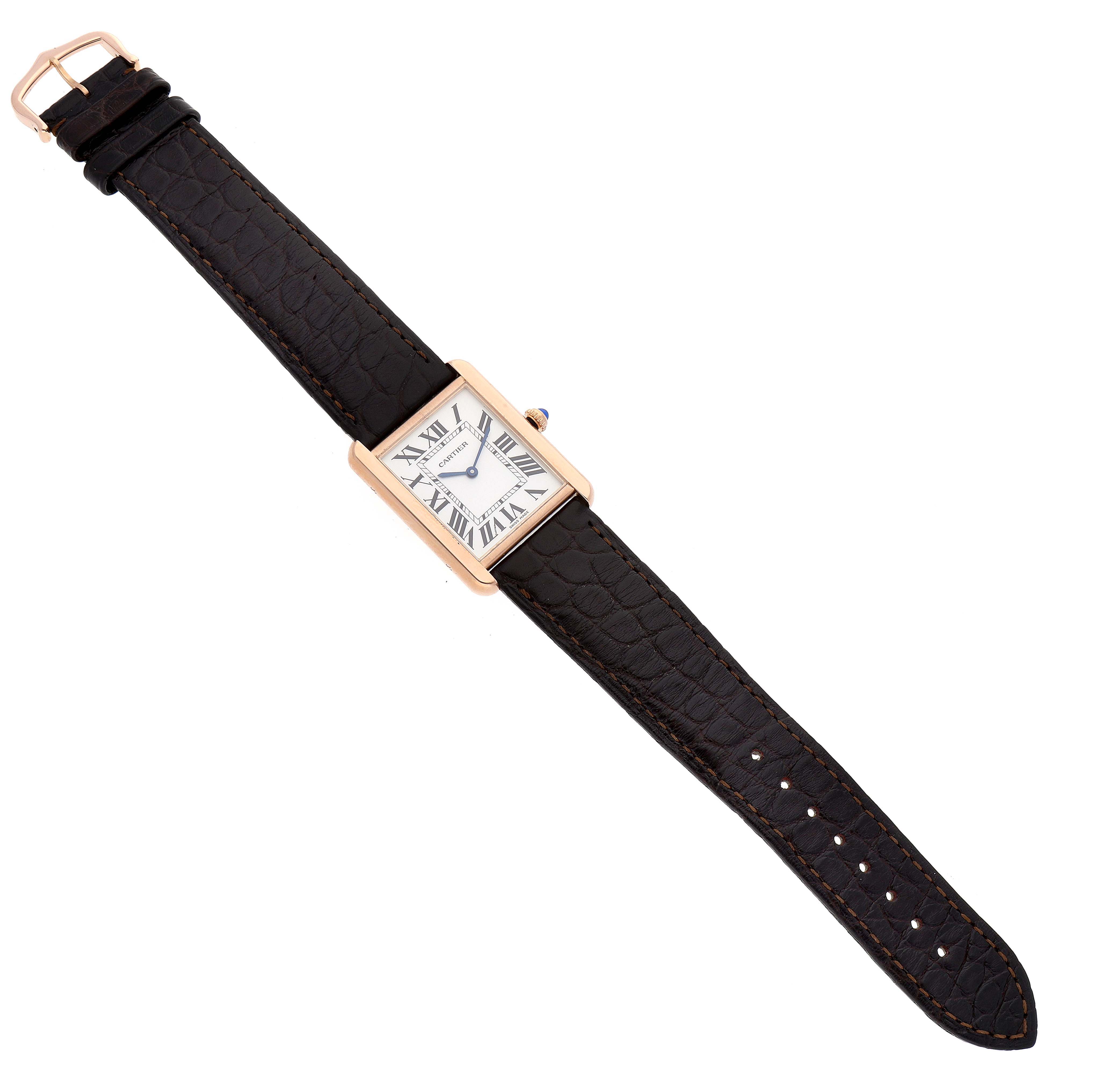 This image shows a top view of the Cartier Tank Solo W5200025 Men
s Rose Gold Silver Dial W5200025 Men
s Rose Gold Silver Dial watch, covering the face, crown, and leather strap.