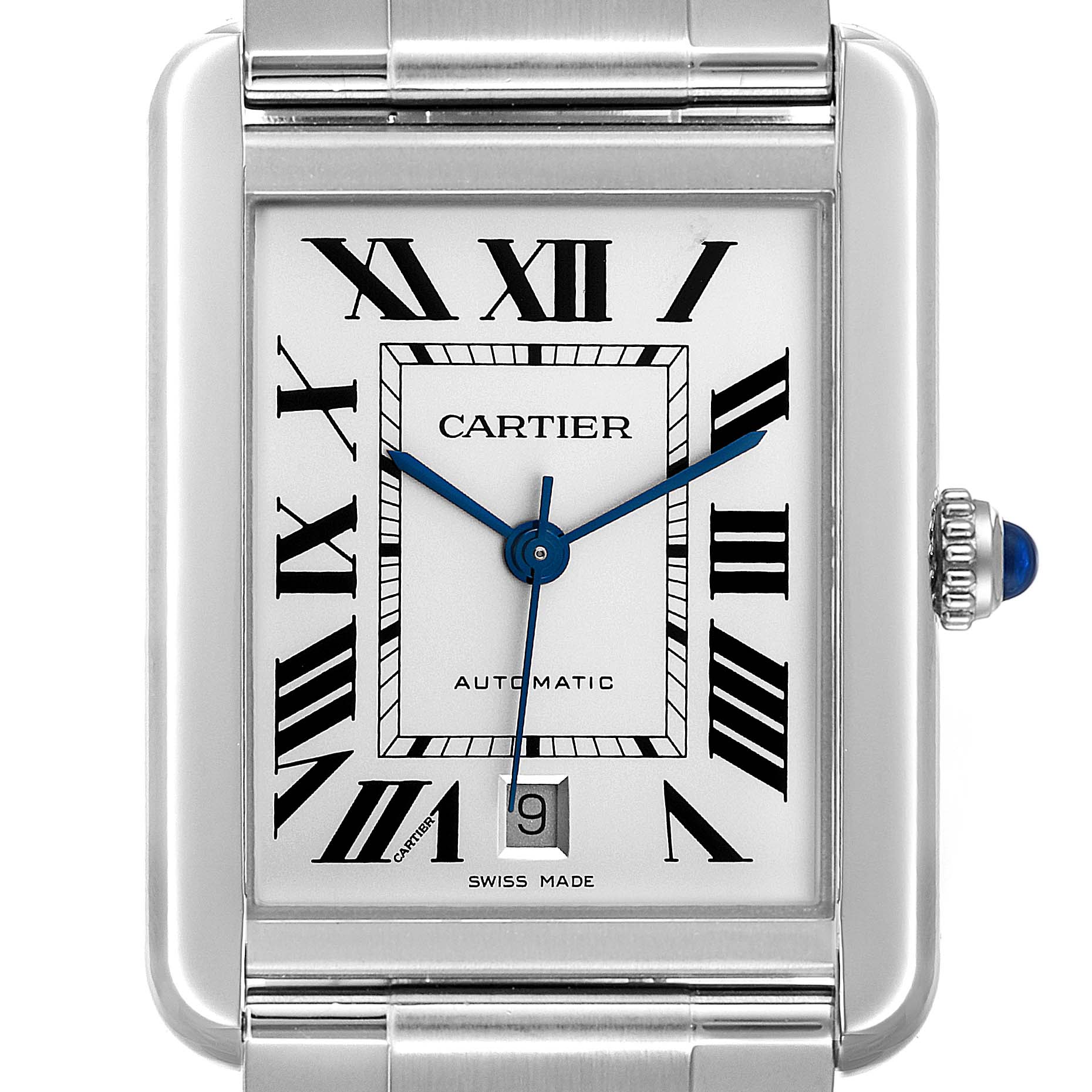 The image shows the face of the Cartier Tank Solo W5200028 Men's Stainless Steel Silver Dial W5200028 Men's Stainless Steel Silver Dial watch, highlighting the dial, Roman numerals, hands, crown, and date window.